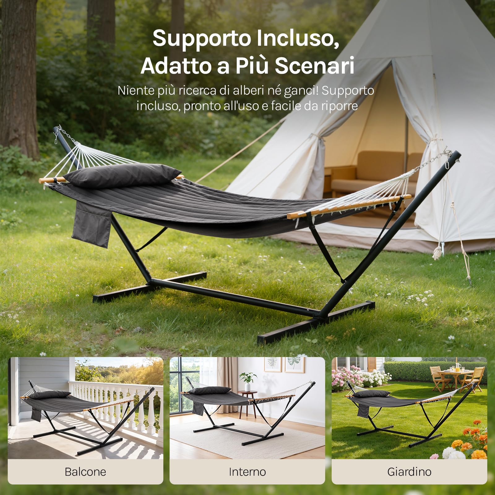 WOLTU Amaca da Giardino con Supporto, Tasca Laterale e Cuscino, Capacità di Carico 250 kg, Ampia Amaca Doppia per Terrazza, Balcone, Campeggio, Grigio Scuro