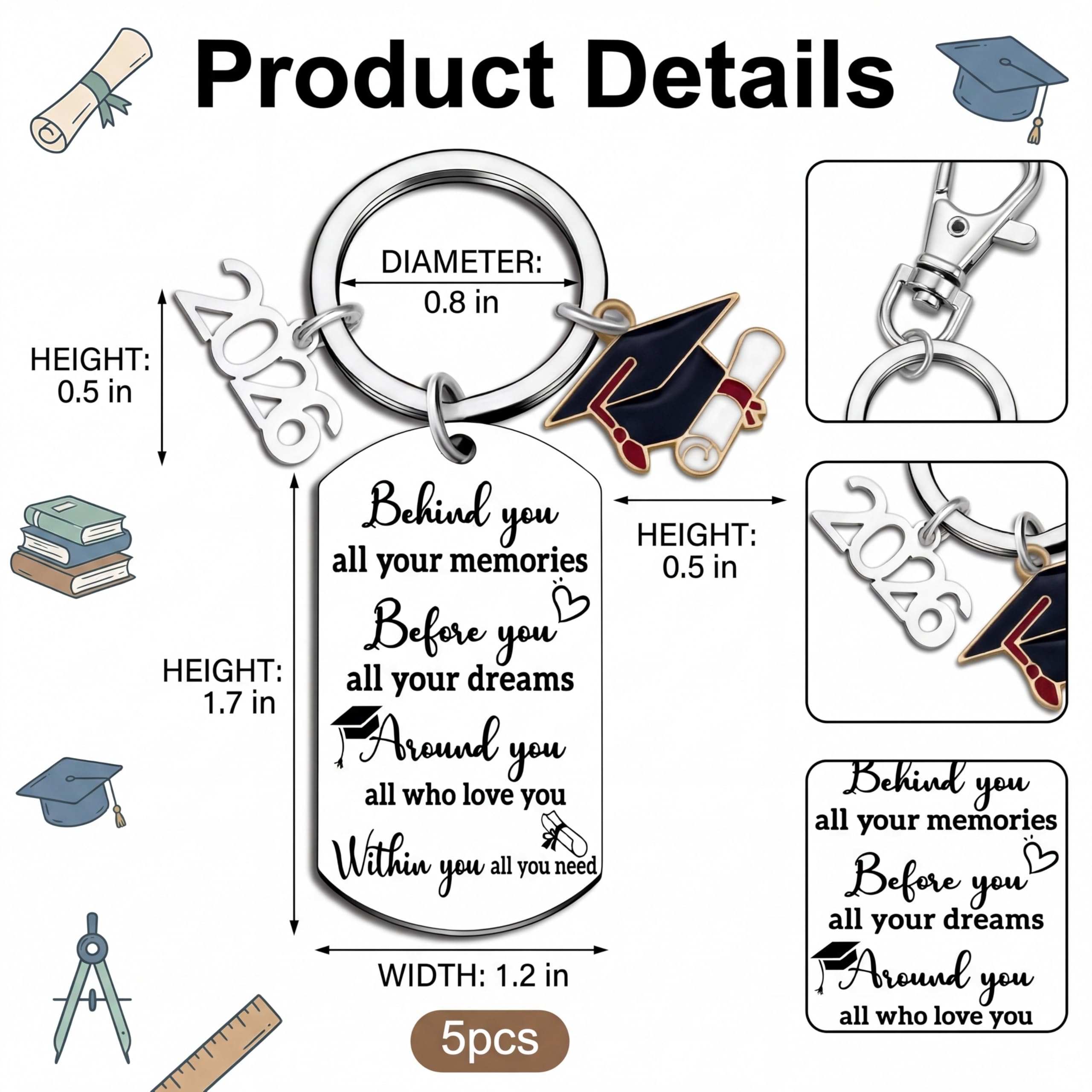 2026 Keychain - Personalized Stainless Steel Graduation Gift for Graduates with Charm of 2026
