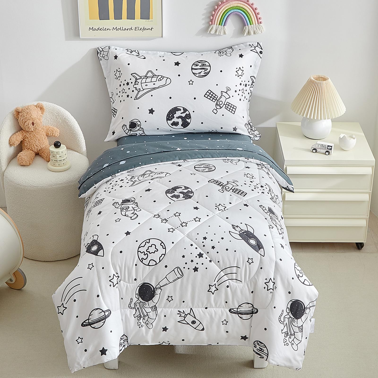 DuShow 4 Piece Toddler Bedding Set for Boys,White Space Crib Bedding Sheets Set,Soft Toddler Comforter Set Bed in a Bag | Include Comforter,Flat Sheet,Fitted Sheet,Pillowcase