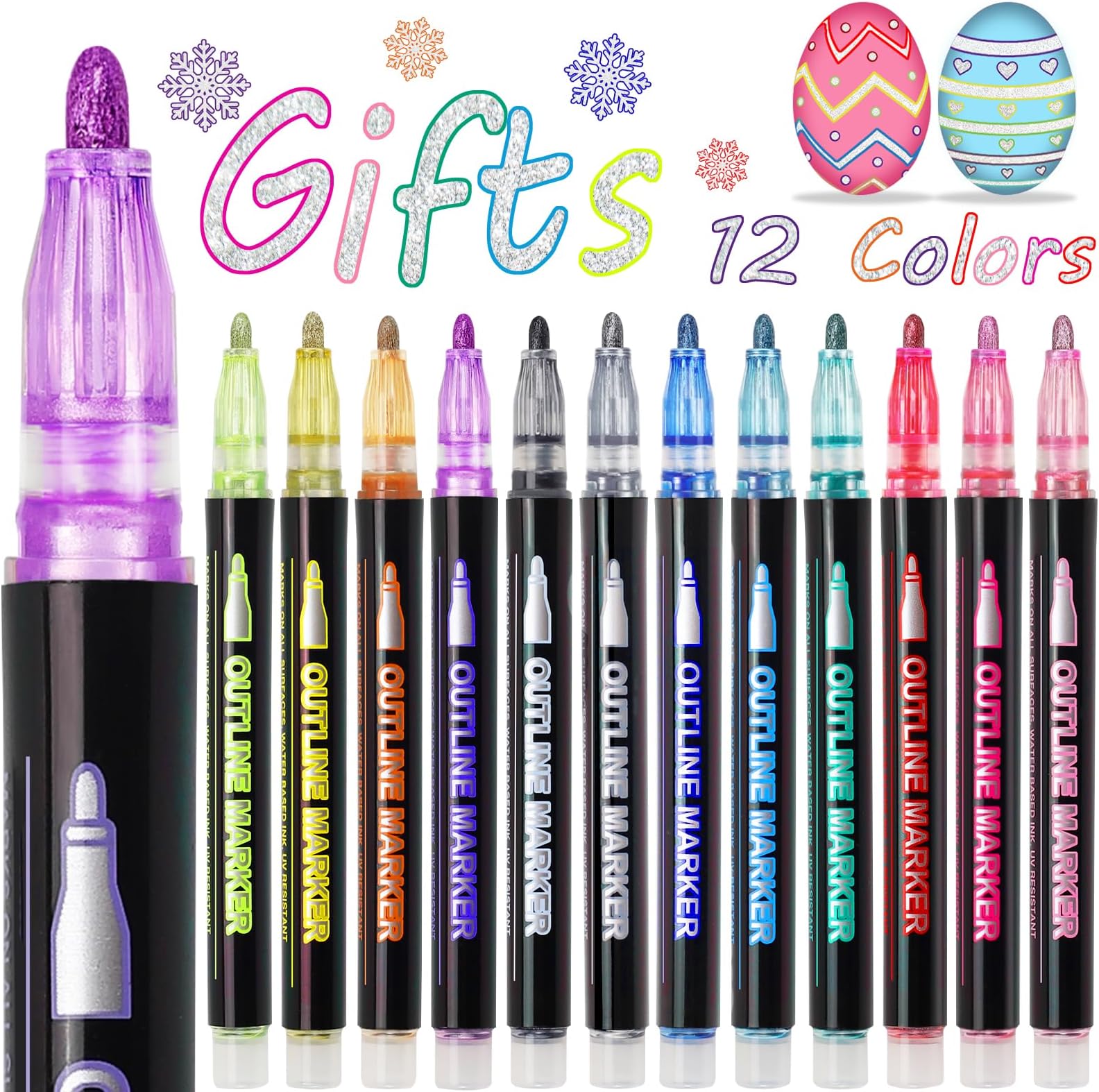 Shimmer Markers Doodle Outline Pens: 12 Glitter Set Stocking Stuffers Kid Teen Tween Girl Age 4 8 9 10 14 16 18 Year Old Christmas Gift Trendy Stuff Metallic Sparkle Art Craft Drawing Supplies Dazzles