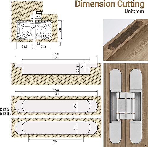 Miniatura 10 de Bisagras invisibles para puerta (2 piezas)  Bisagras ocultas negras de 7 pulgadas para puertas, ajustable de 3 vías y oscilación de 180 grados y