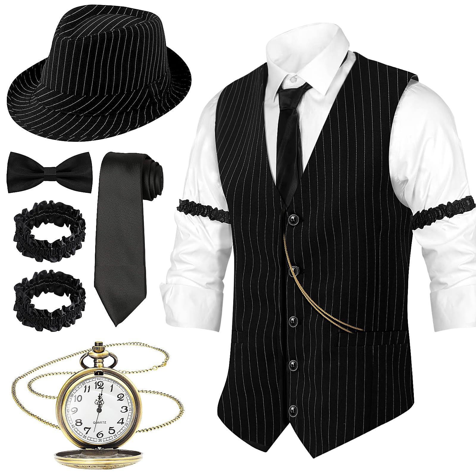 Owdenuy 1920s Gatsby Costume for Men,1920s Men Fancy Dress Stripe Vest Accessories Set