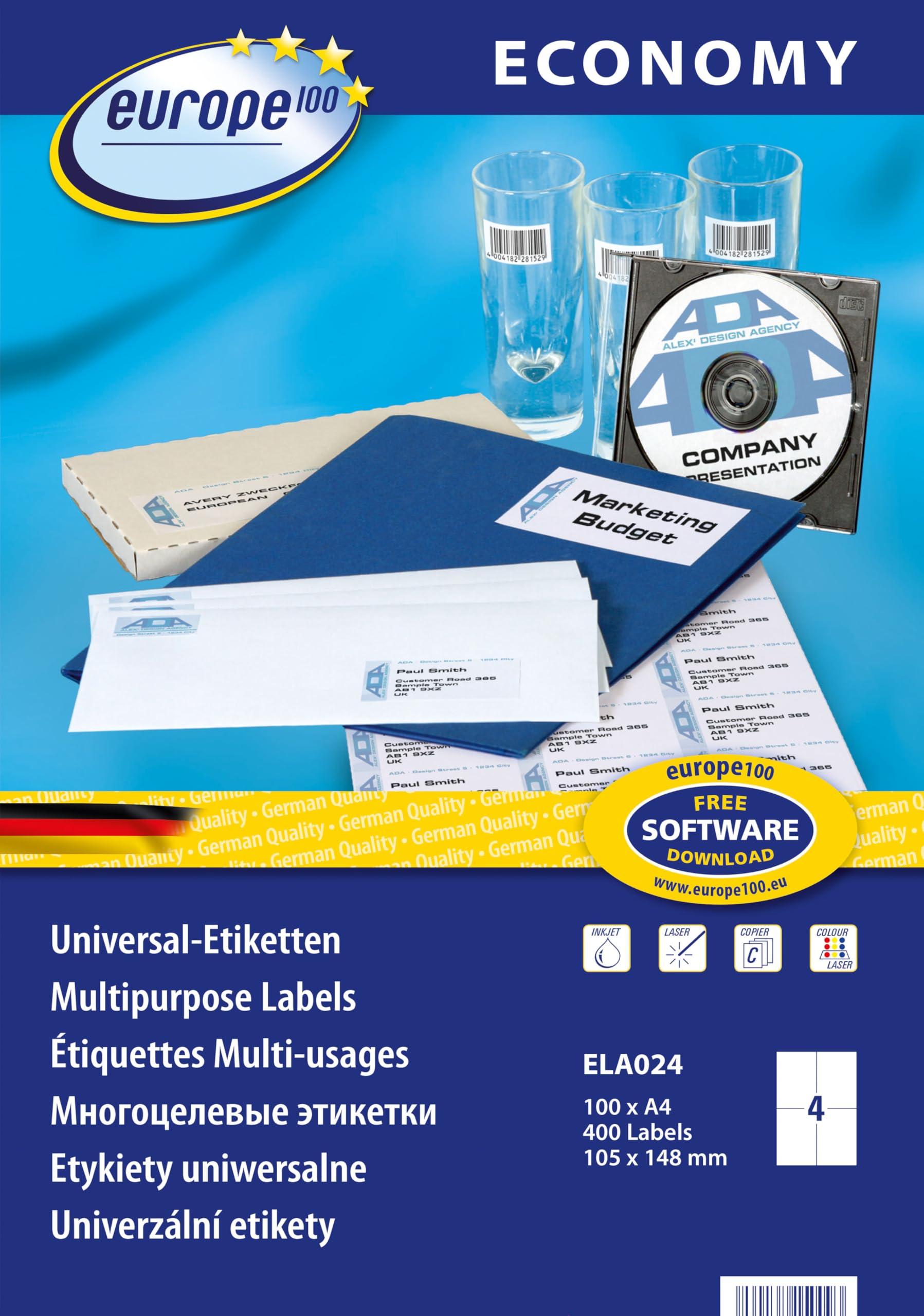 Europe100 Art. ELA024 uniwersalne etykiety (400 etykiet samoprzylepnych, 105 x 148,5 mm na A4, papier matowy, możliwość indywidualnego drukowania, samoprzylepne naklejki wysyłkowe, kompatybilne z