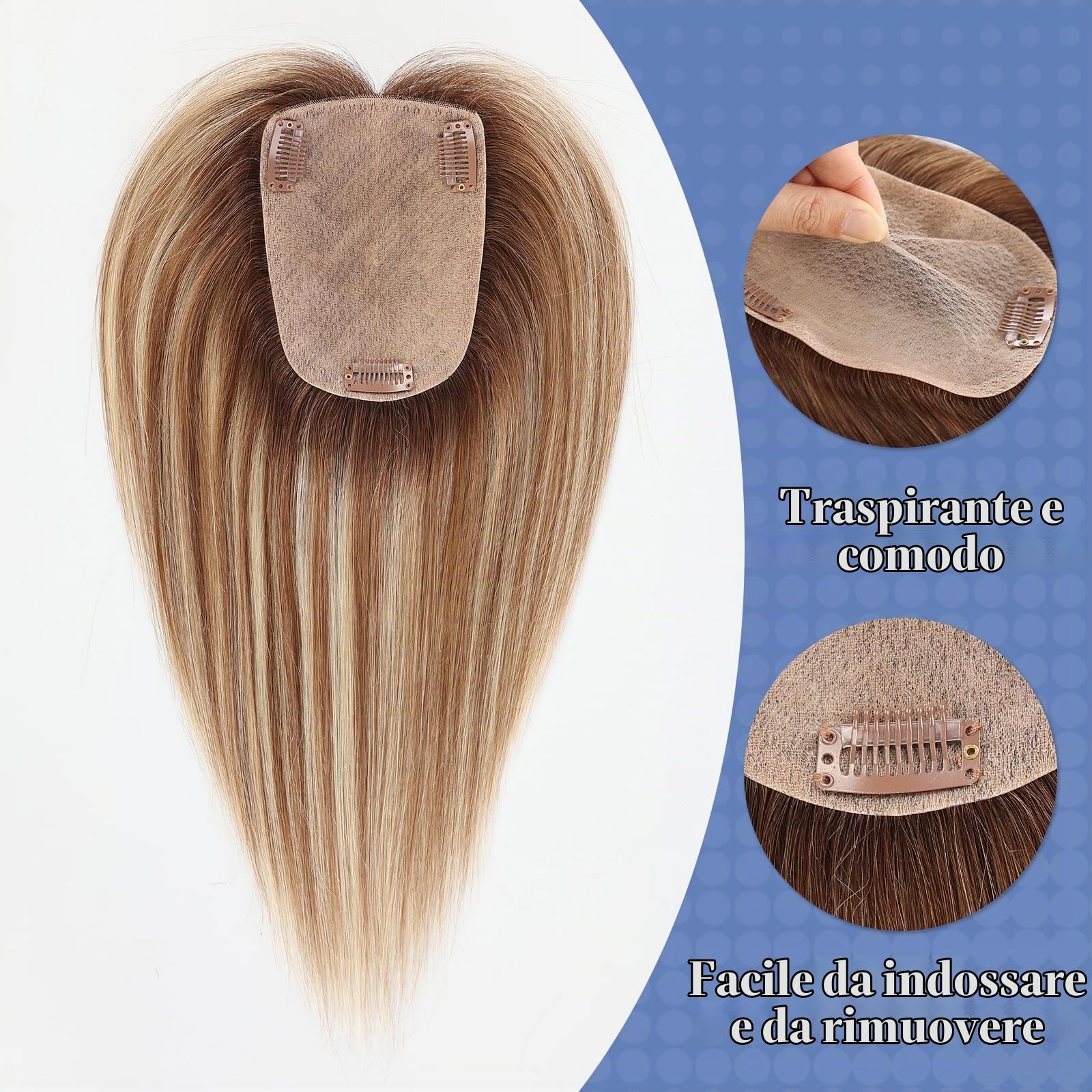 HAIRCUBE Topper per capelli umani da donna, veri capelli umani, senza frangia, 10,2 x 14 cm, base 30,5 cm, marrone con evidenziazione bionda per donne con radici diradate o grigie