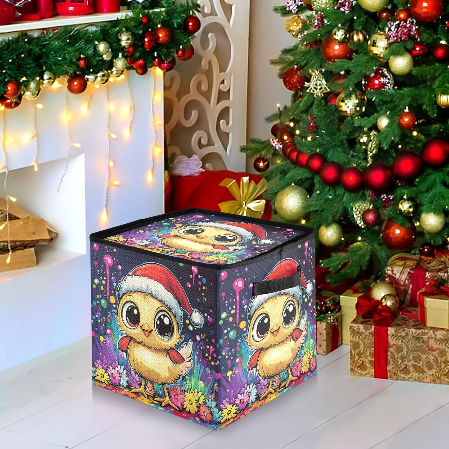 High Capacity Christmas ornament storage bag Holds Up to 64, Adjustable Dividers, Zippered Top, Two Handles handy Holiday Storage Case with Lid,Merry Christmas Yellow Chicken