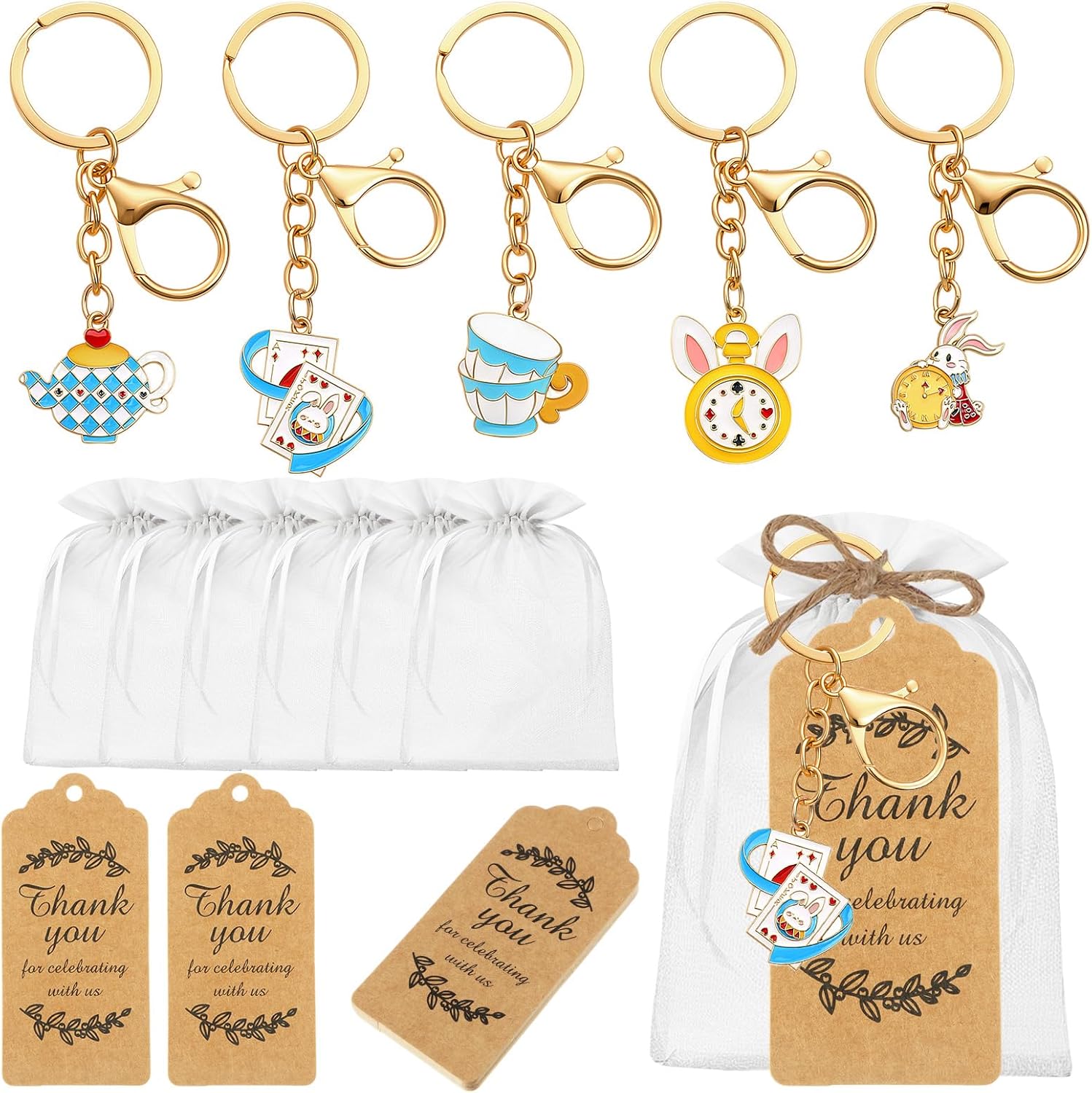 Ecation 20 Set Wonderland Teas Keychain Party Favors Set, Wonderland Tea Keyring Gifts Teapot Rabbit Key Ring with Kraft Tags Organza Bag for Wedding Bridal Guests Souvenir Birthday Baby Shower