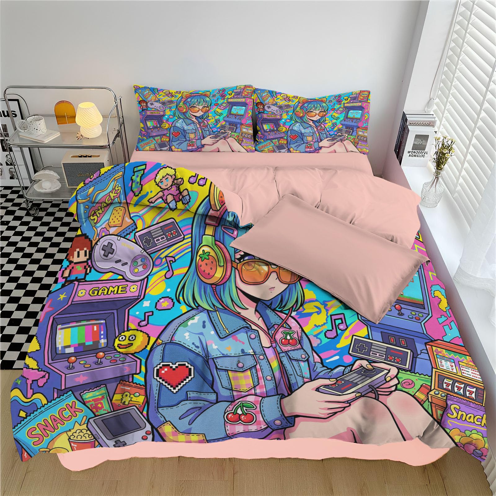 Anime Carini Copripiumino Stampa, Morbida Traspirante Ragazza Dei Videogiochi Retrò Copripiumino Con Cerniera 240 x 220 cm Per Bambini Adulti Set Di Biancheria Da Letto Con Federe, Blu