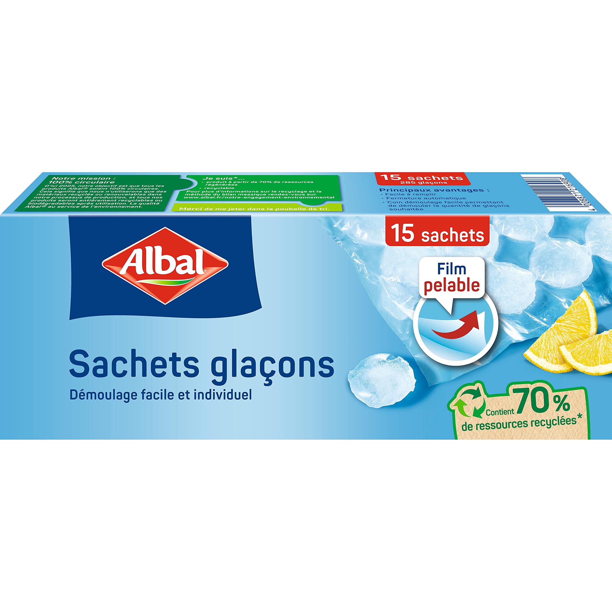 ALBAL Bolsas de hielo, 70% de recursos reciclados, cierre automático, fácil llenado y desmolde, 285 cubitos de hielo