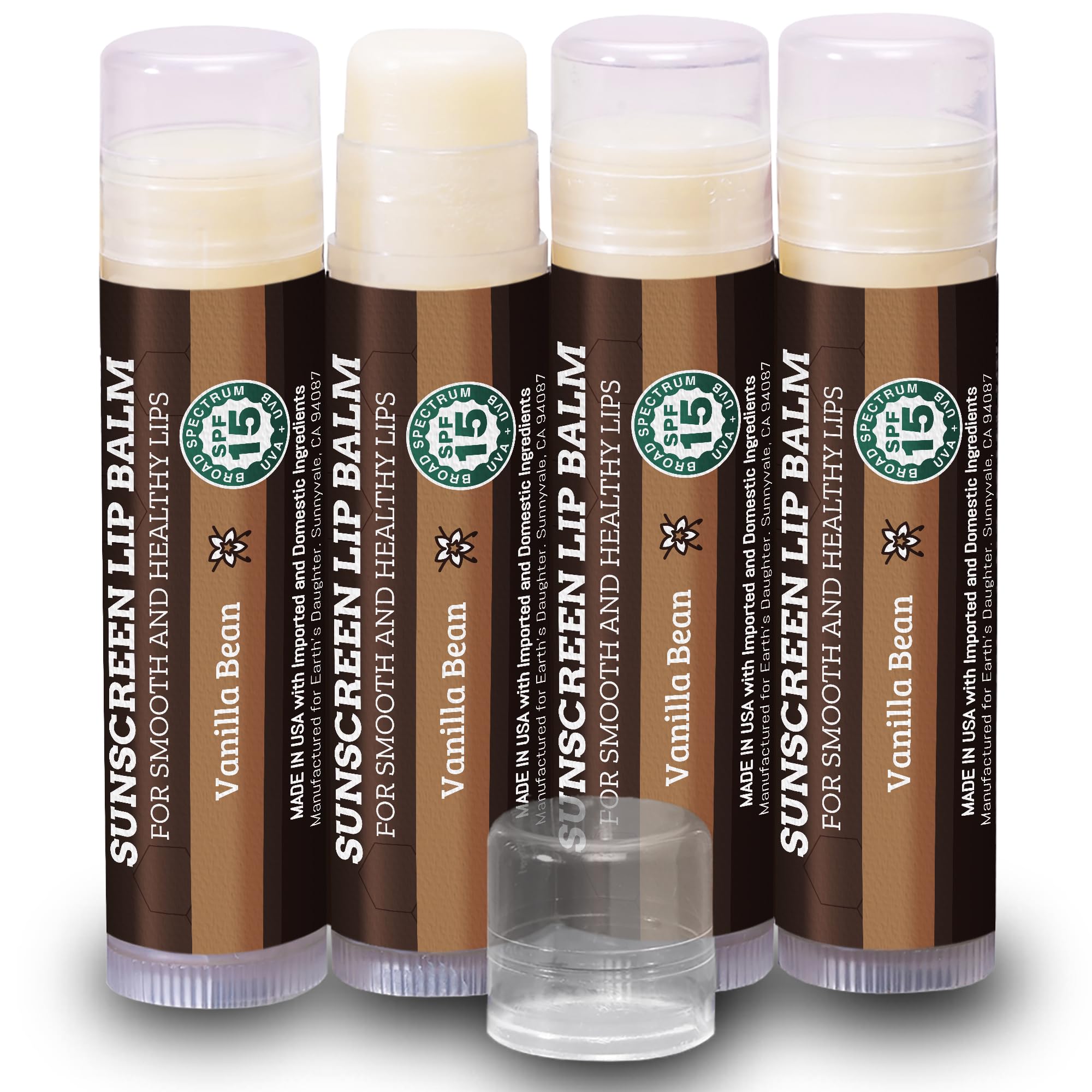 SPF Lip Balm 4-Pack - Lip Sunscreen, SPF 15, Organic Ingredients, Vanilla Flavor, Beeswax, Coconut Oil, Vitamin E - Hypoallergenic, Paraben Free, Gluten Free