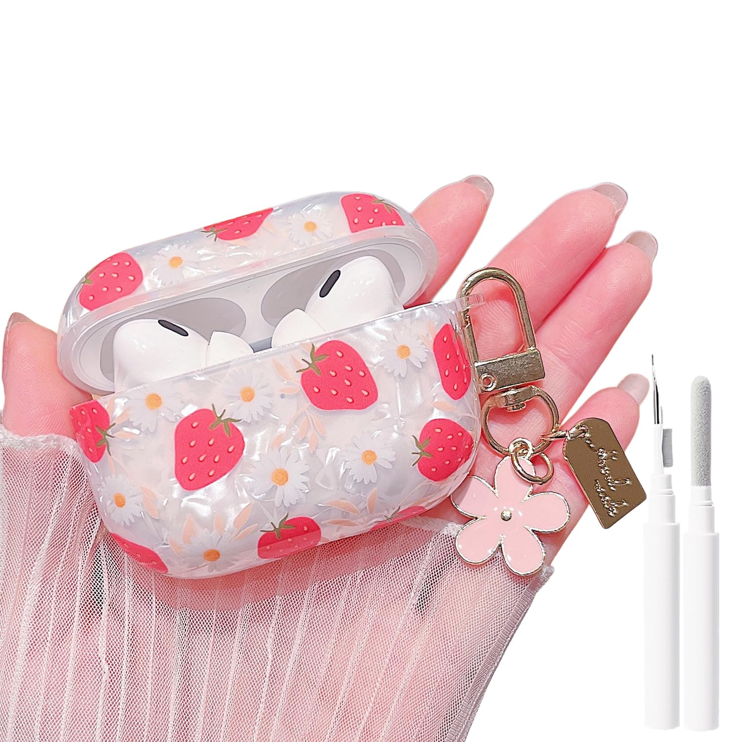 MINSCOSE for Cute Glitter AirPods Pro/Pro 2 Case,Shell Pattern Girly Strawberry Design with Trendy Floral Keychain,Soft TPU Protective Cover with Cleaner Kit for Girls Women for AirPods Pro/Pro 2-Red