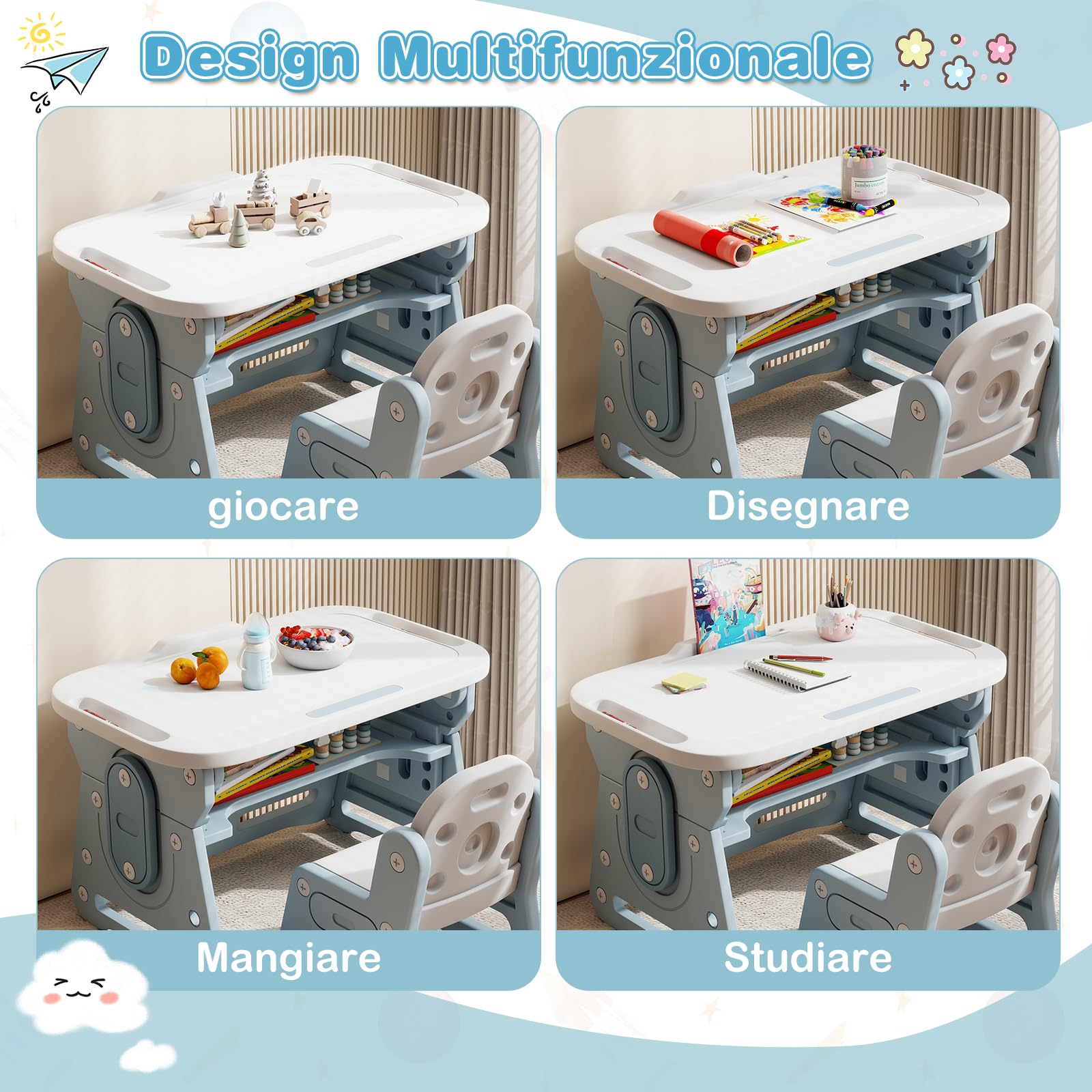 COSTWAY Set Tavolo e Sedia per Bambini 3+ Anni, Tavolo Regolabile in Altezza con Lavagna Inclinabile, Sedia Ergonomica, Supporto per Libri e Ripiano Concavo, per Disegnare e Leggere (Blu)