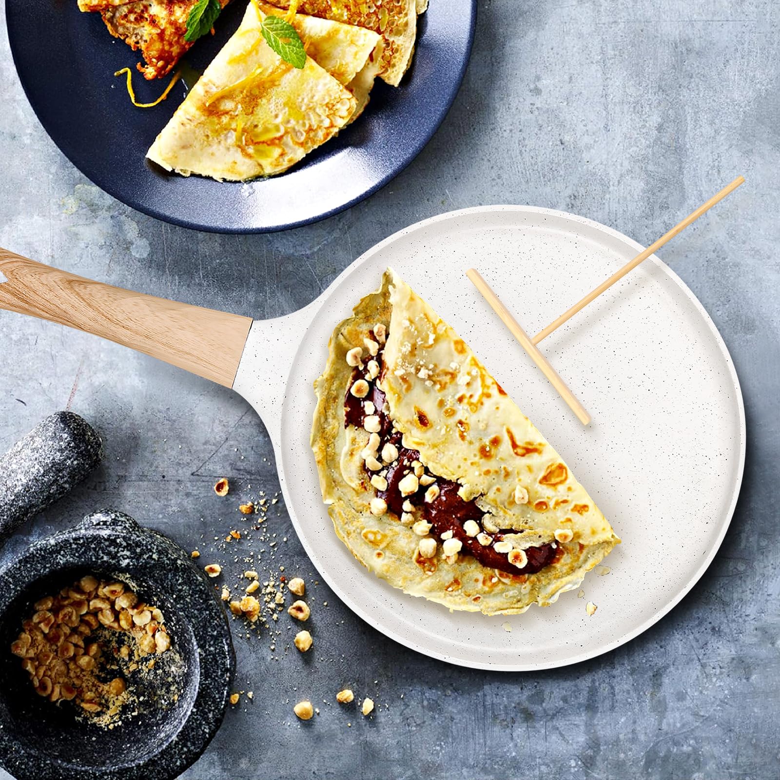 SouxMux Sartén antiadherente para crepes de 11 pulgadas con esparcidor, sartén Dosa Tawa con revestimiento de cerámica, sartén plana compatible con inducción para panqueques, tortillas y más con mango