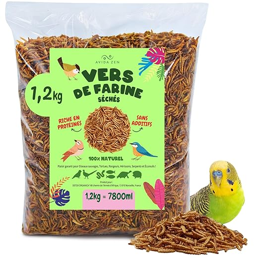 vers de Farine Séchés - 1,2 kg = 7.800ml de Friandises - Nourriture pour Poissons, Oiseaux Sauvages, Tortues, Hérissons, Rongeurs et Reptiles …