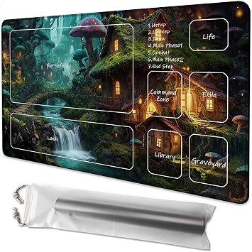 Playmat for MTG Fairy Forest Mushroom Magic Play Mat 24x14 Inch Card Game Mat for Magic The Gathering TCG PTCG Playmat with Free Storage Bags Non-Slip Backing and Stitched Edge