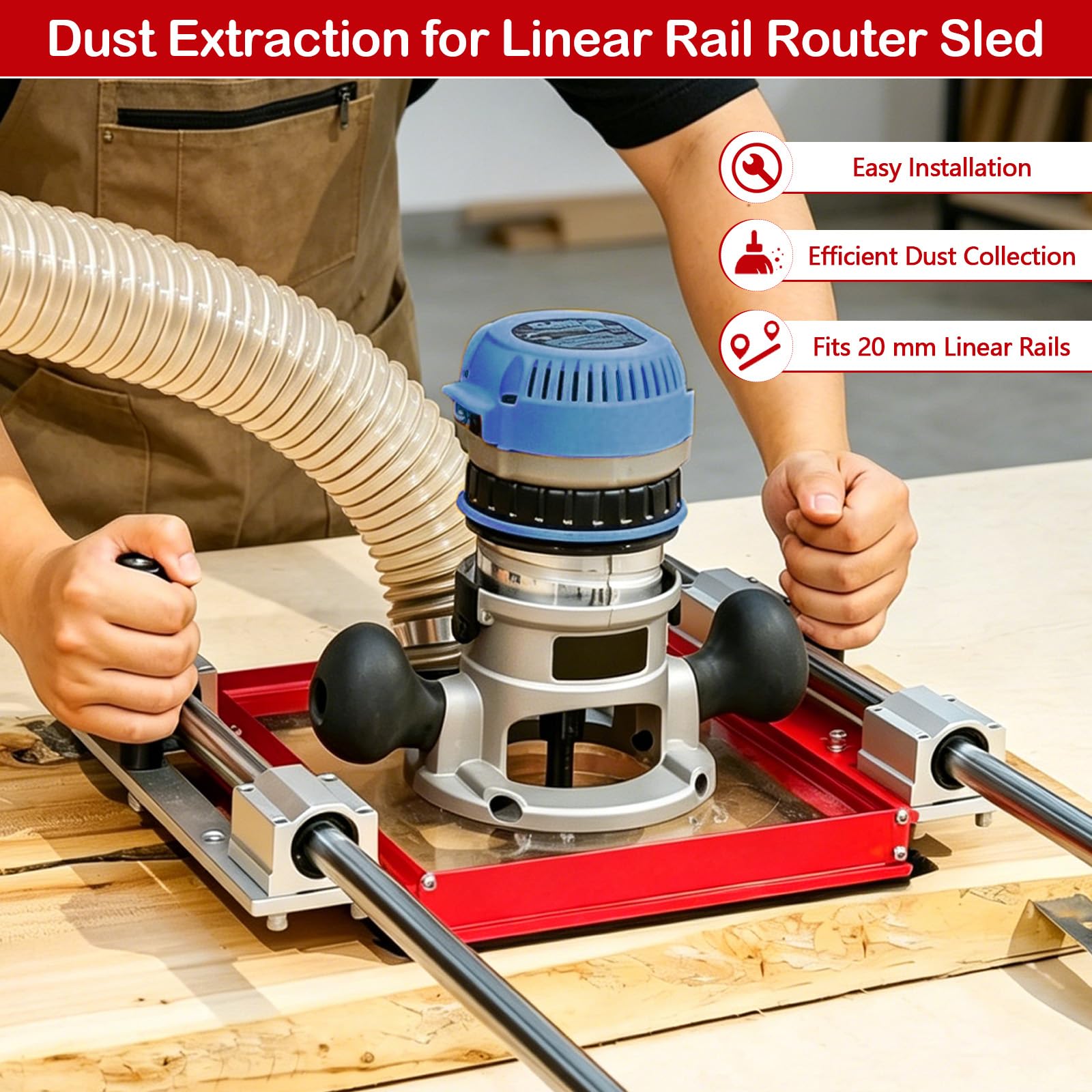 Sistema di aspirazione polvere per carrello su guida lineare, con piastra adattatrice per SBR20UU & SCS20UU, attacco 2,5", piastra acrilica preforata compatibile con la maggior parte delle fresatrici