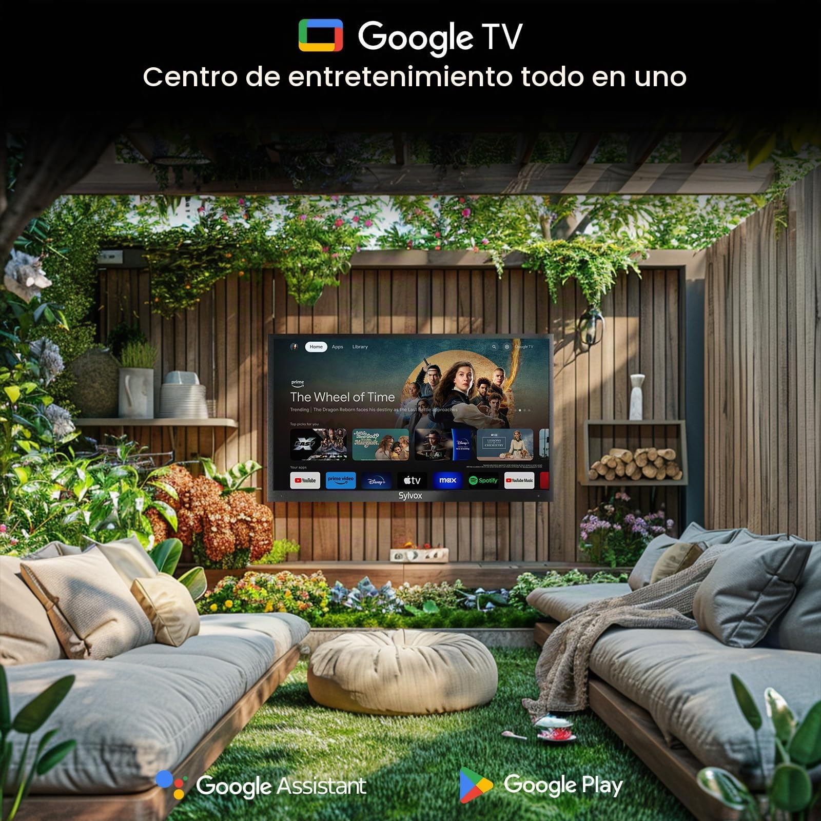 SYLVOX Outdoor TV 43 Pulgadas, 4K UHD QLED TV para Exteriores, 2000 Nits Google TV, Dolby Atmos, DVB-C/T2/S2, HEVC, IP55 Televisor de Exterior Resistente al Aguapara Jardín, Terraza, Piscina y Locales