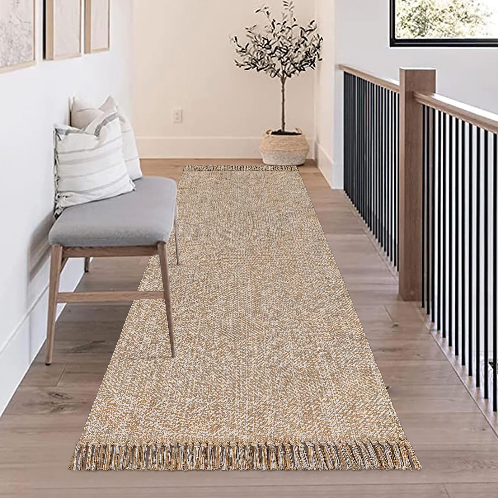 Tapis de couloir en coton tissé à la main de style bohème lavable à la main pour chambre à coucher, salon, salle de bain, évier, foyer, 7,8 x 2,44 m, kaki