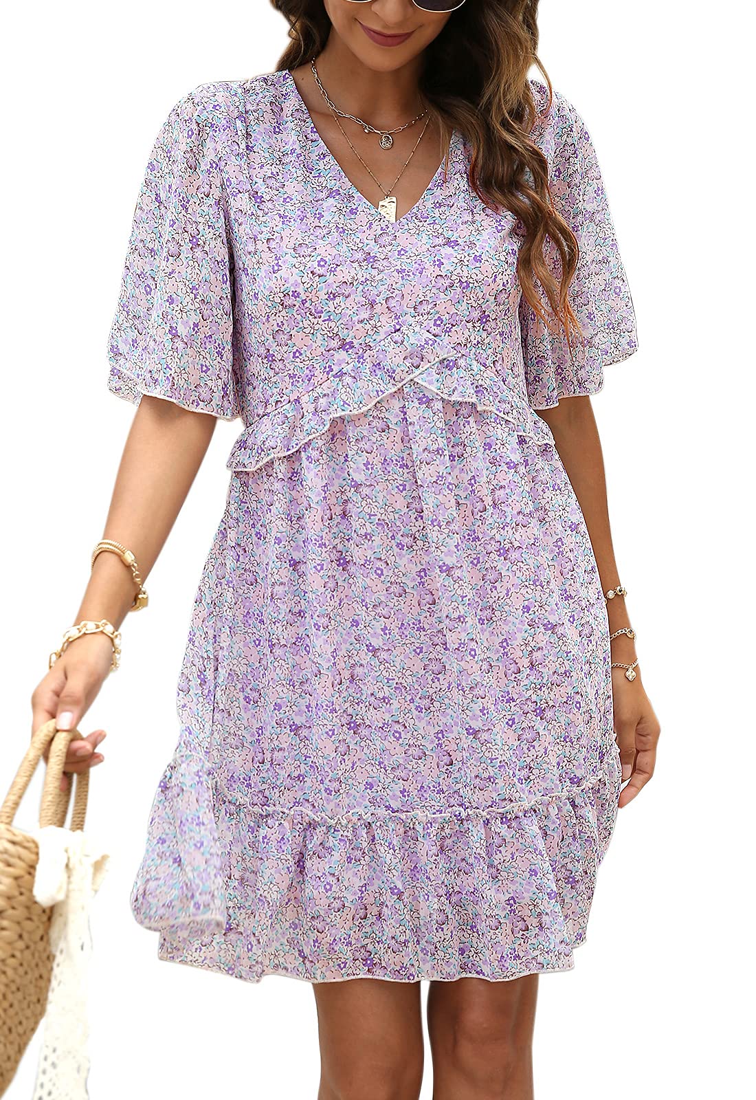 ManydressWomen's Chiffon Floral Print V Neck Casual Mini Boho Ruffle Swing Dress MY068