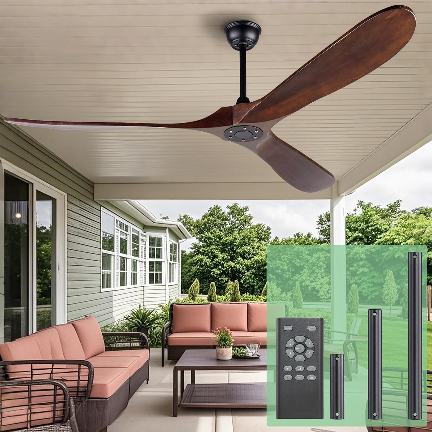 Solid Wood Ceiling Fans Without Light, 70 Inch Real Wood Ceiling Fan with Remote Control and 3 blade, Natural Wood Ceiling Fan Waterproof, Indoor Outdoor Ceiling Fans for Patio, Bedroom, Living room
