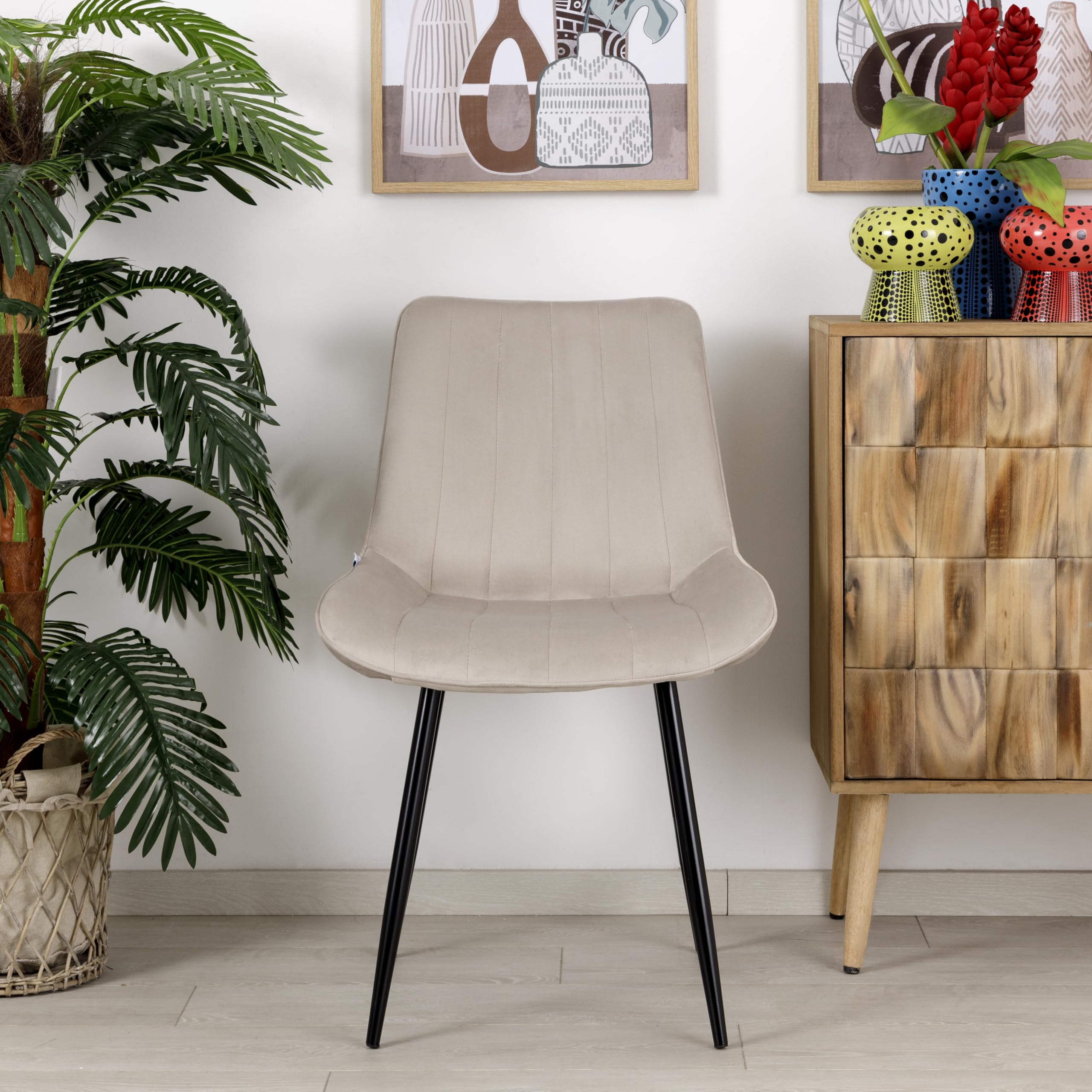 Baroni Home Juego de 4 sillas Modernas con Revestimiento de Terciopelo y Patas de Acero Negro, para salón, Dormitorio, Comedor, 53 x 86 x 44 cm, Beige