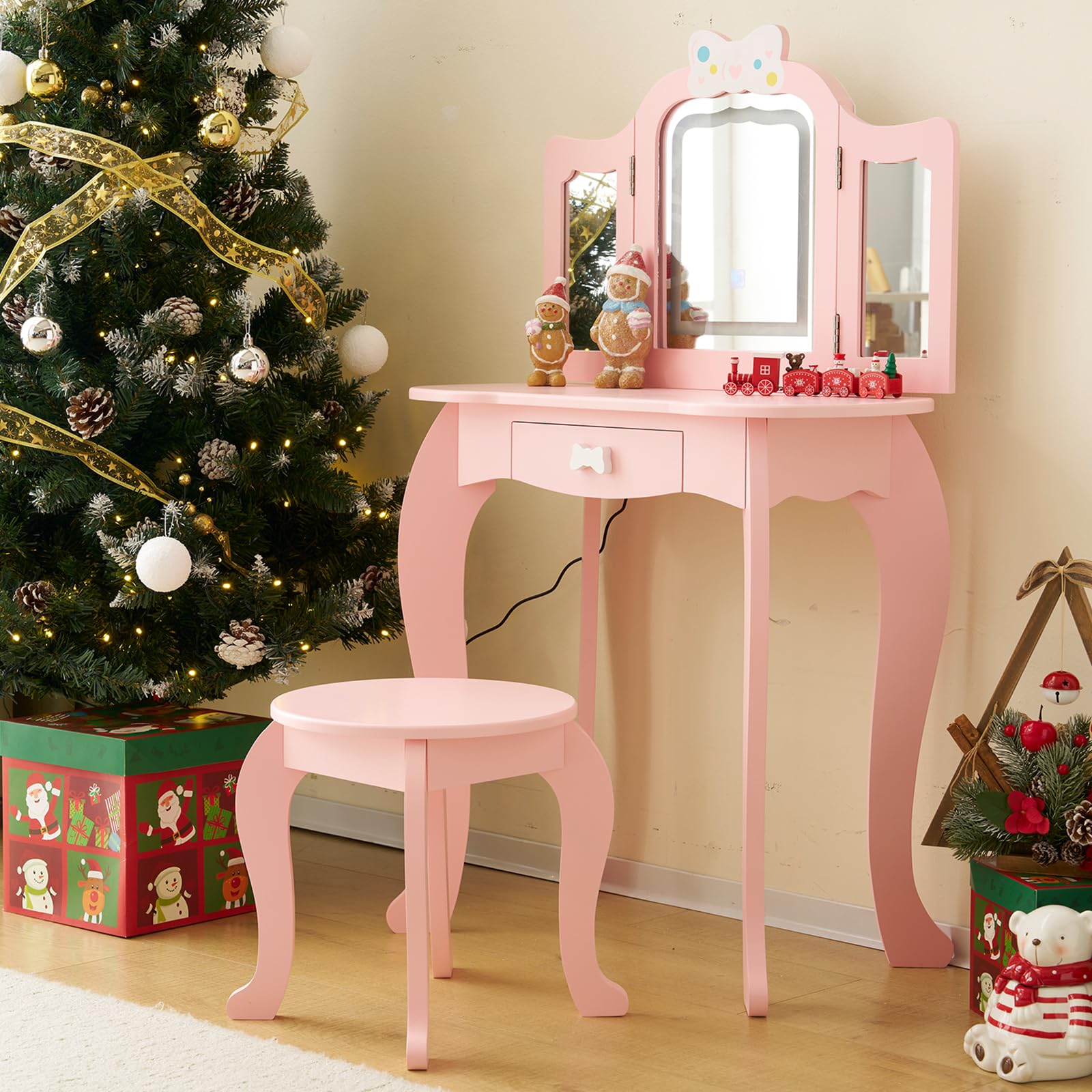 LEADZM Coiffeuse pour Enfants avec Miroir à Trois Volets avec Tabouret, Lampe LED Tactile à 3 Couleurs (Rose)