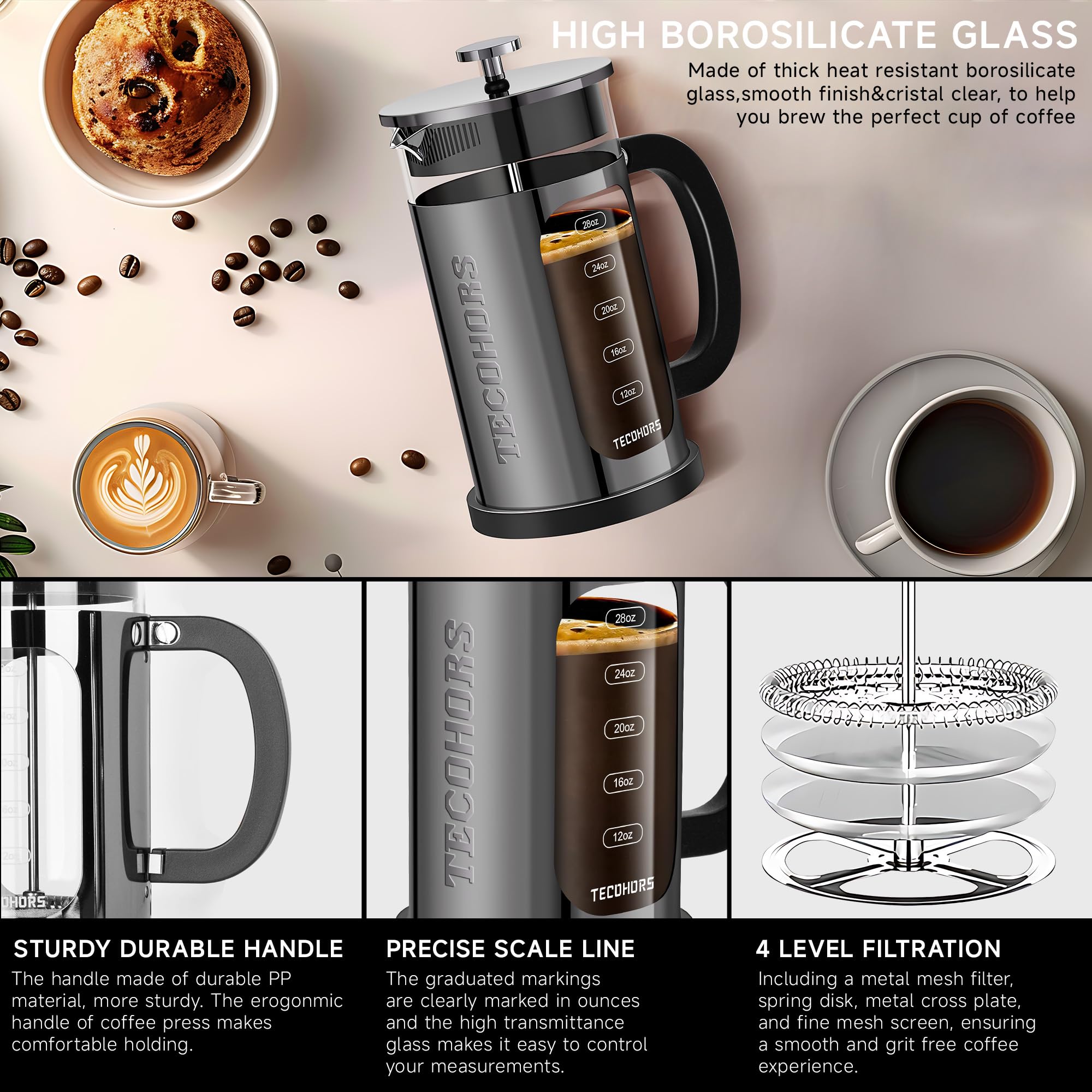 French Press ekspres do kawy ze stali nierdzewnej 304, z systemem 4 filtrów, odporne na wysokie temperatury, szkło borokrzemowe, zaparzony dzbanek do kawy (jasnoczarny)