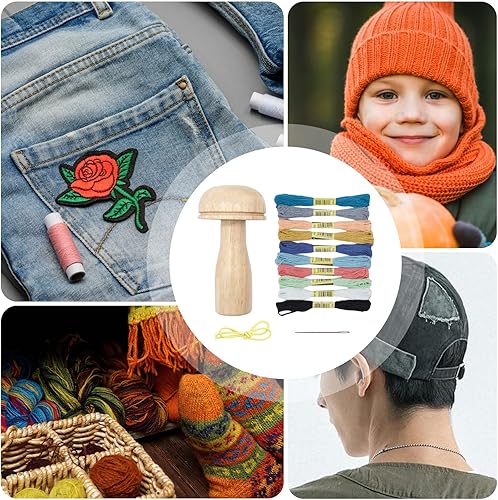 Miniatura 5 de YWNYT Kit de zumbido de calcetín, huevo de madera para zurrir de madera, kit de suministros de zumbido de madera, hongos, hilo de aguja para