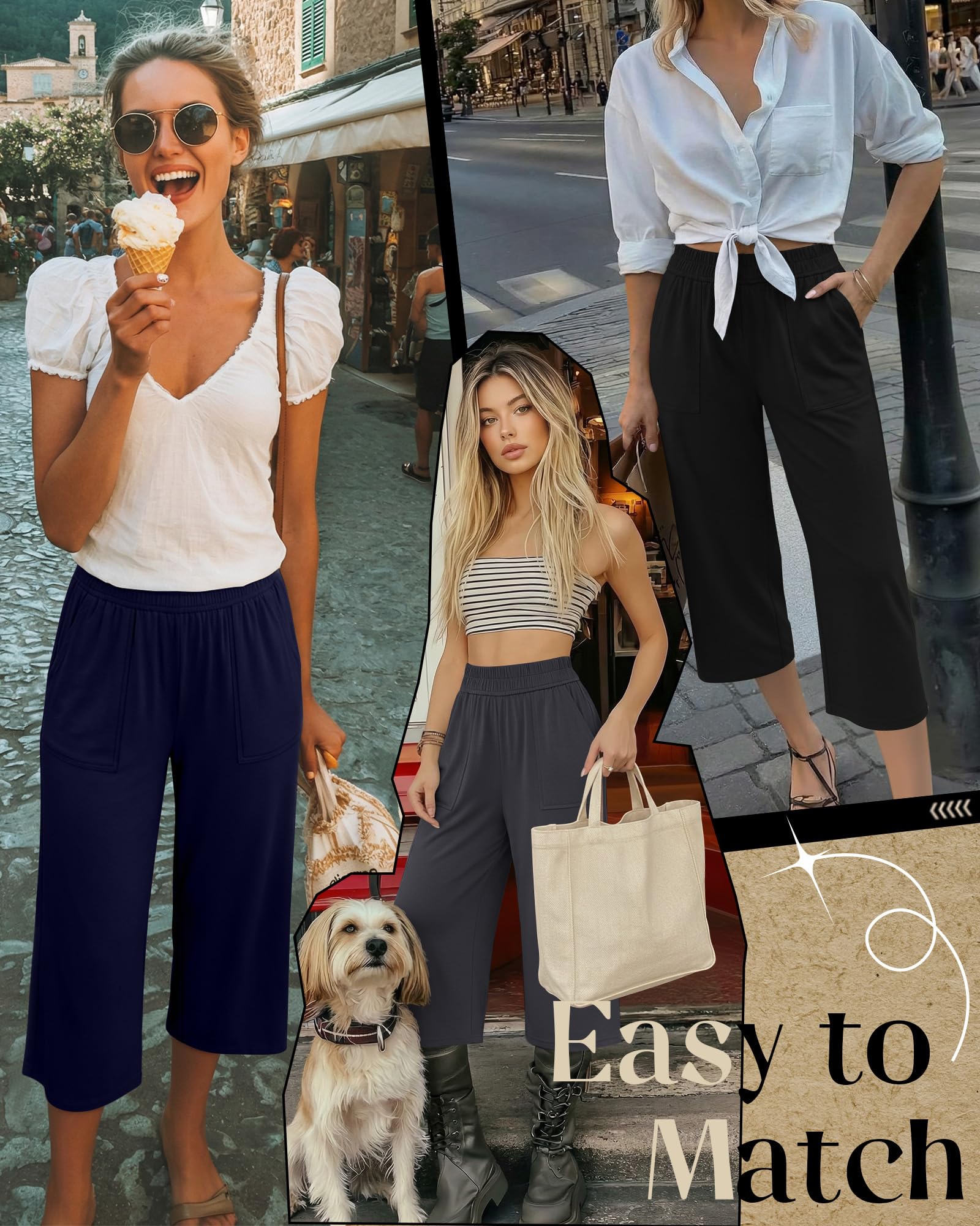 Neer Lot de 3 capris capris en coton pour femme - Pantalon de yoga confortable à jambe large et décontractée avec poches