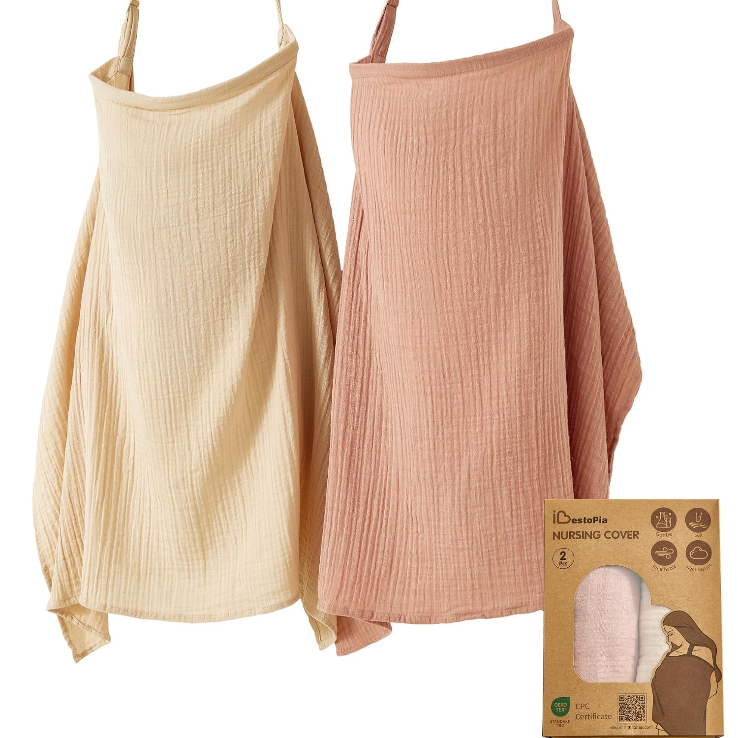 2 Pack Nursing Covers for Breastfeeding, 100% Cotton Muslin, Lightweight & Breathable, Full Coverage with Adjustable Strap (Linen & Dusty Pink)