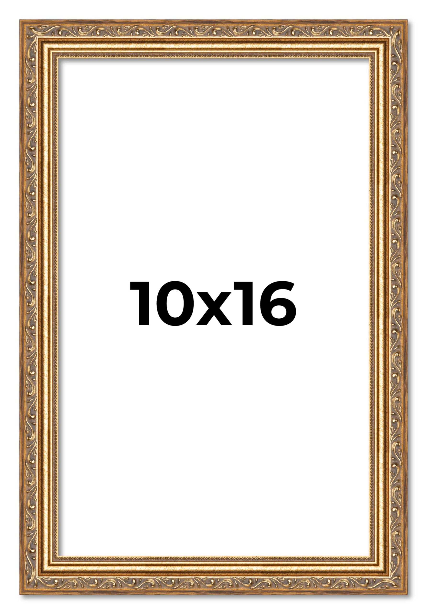 Poster Palooza 10x16 Frame Gold Antique Solid Pine Wood Picture Frame with UV Acrylic Plexiglass, Foam Board Backing & Hanging Hardware Included for Amazon Echo Show 15
