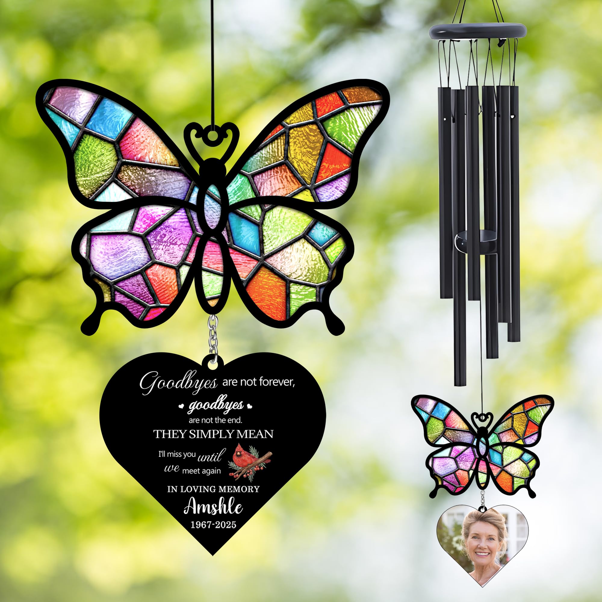 Goodbyes Are Not Forever Butterfly Wind Chimes,Personalized Custom Butterfly Memorial Wind Chime with Photo Name & Date,Sympathy Keepsake Gift,Memorial Bereavement Gifts for Loss of Loved One