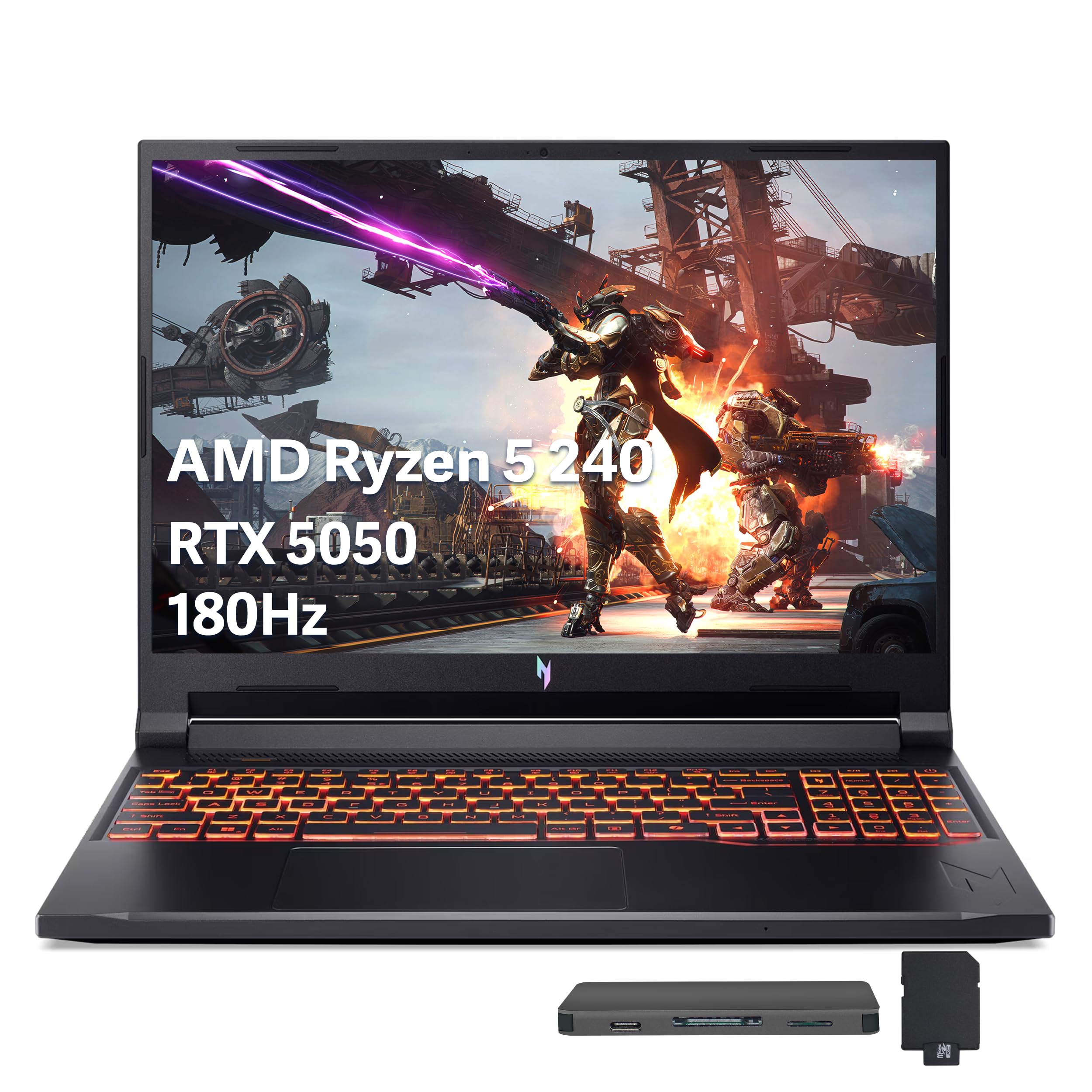 acer Nitro V 16 AI Gaming Laptop, 16" WUXGA 180Hz Display, AMD Ryzen 5 240, GeForce RTX 5050 8GB GDDR7, 64GB DDR5, 2TB SSD, Backlit Keyboard, Copilot, Win 11 Pro, Black, 1TB Docking Station Set