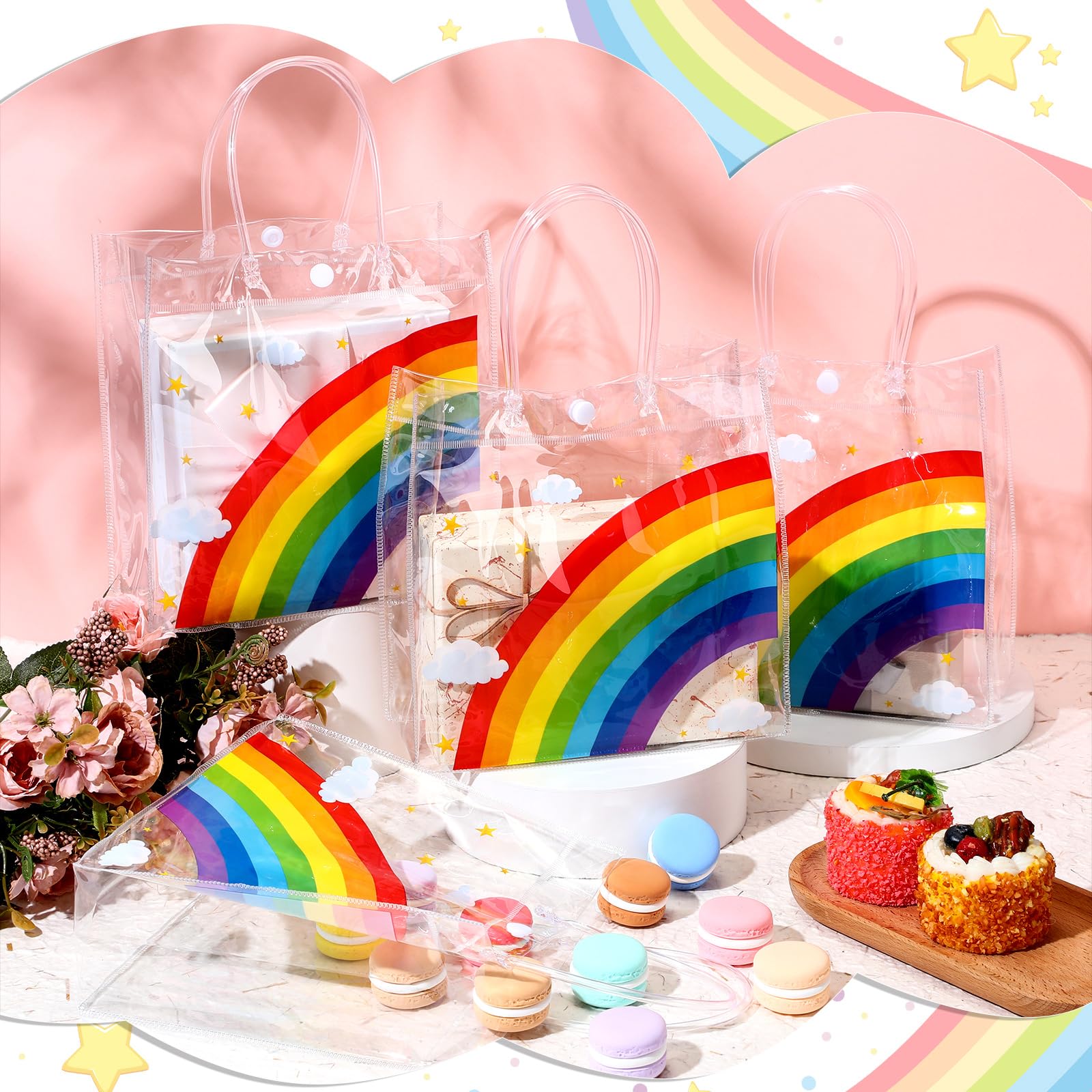 Aliceset 20 Pcs Clear Plastic Goodie Bags Party Treat Bags with Handles Rainbow Themed Favor Wrapping for Birthday Snack Candy Holiday Decoration Baby Shower Supplies, 8 x 8 x 3.15 Inch