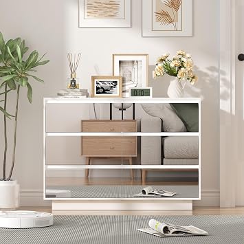 UEV 6 Drawer Chest with Mirror Front, 100cm – Spacious Storage Cabinet for Bedroom, Hallway & Living Room, Modern Contemporary Design, White, 100 x 34 x 72.5 cm