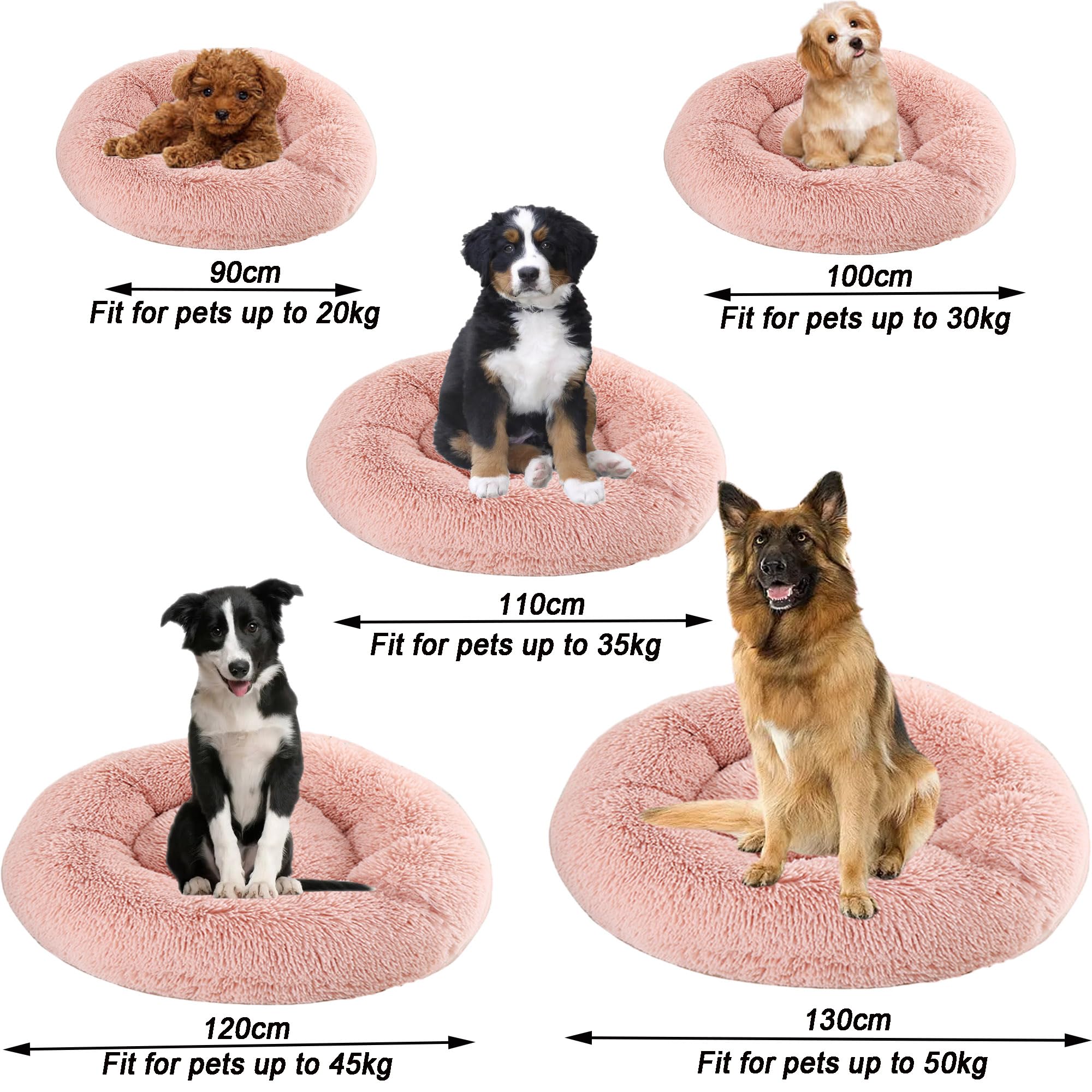 Nido redondo calmante para perros con cojín de felpa para perros grandes, medianos y pequeños, lavable, autocalentable, parte inferior antideslizante, 130 cm, color marrón