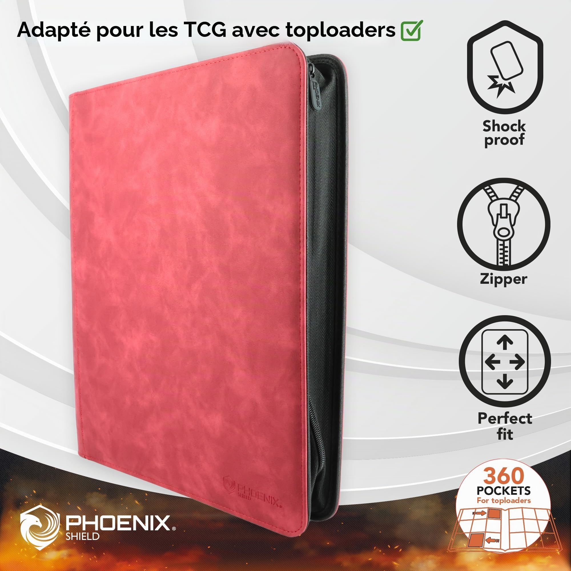 Phoenix Shield 69108 – Album rouge effet cuir 9 pochettes pour cartes en toploader (360 cartes) – Classeur rigide à fermeture éclair avec ouverture latérale