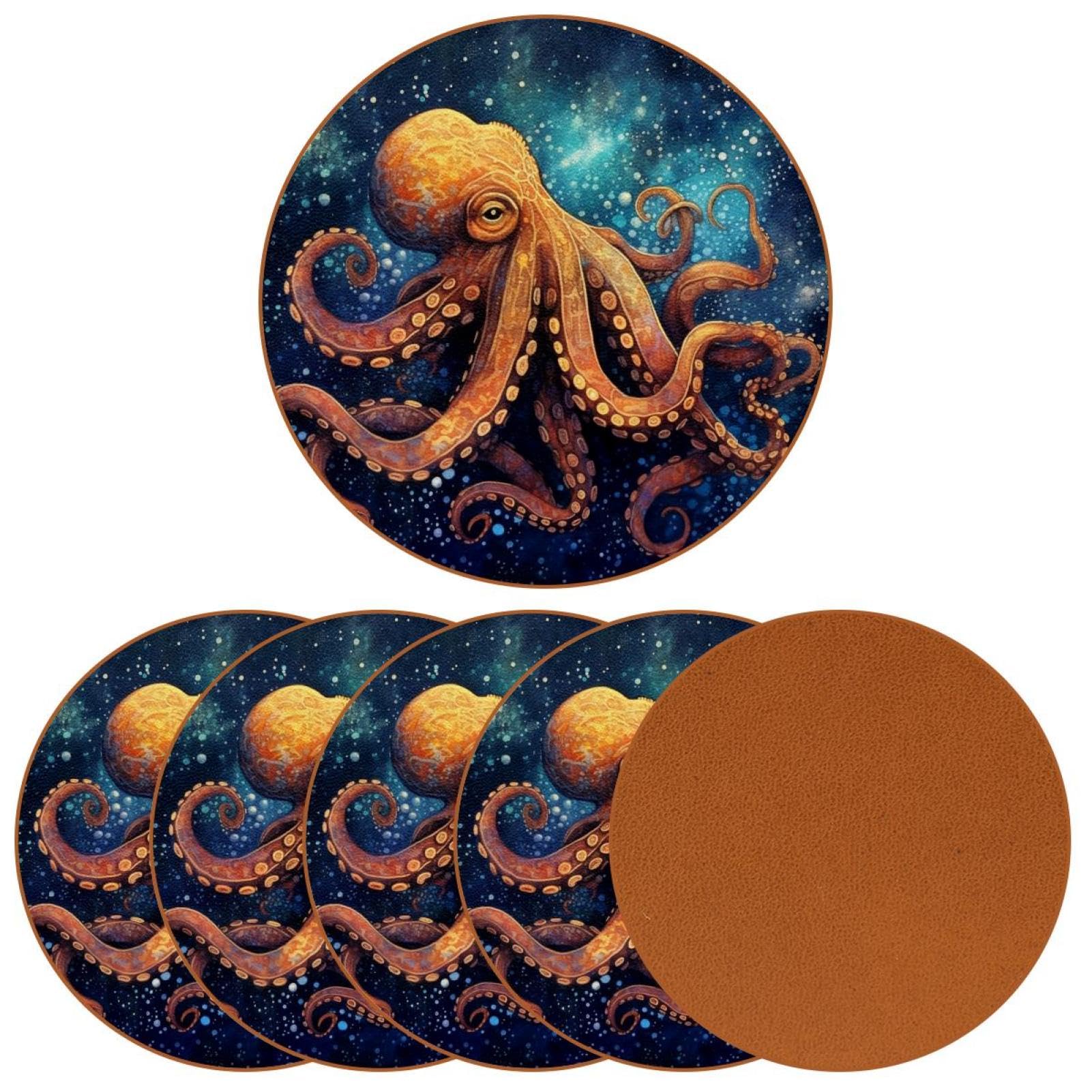 Cartoon-Galaxie-Oktopus-Untersetzer für Getränke, 6 Stück, Tisch-Schutzmatte für Weingläser, Tassen und Tassen, wiederverwendbar im Büro, Küche, Bar, 10,9 cm