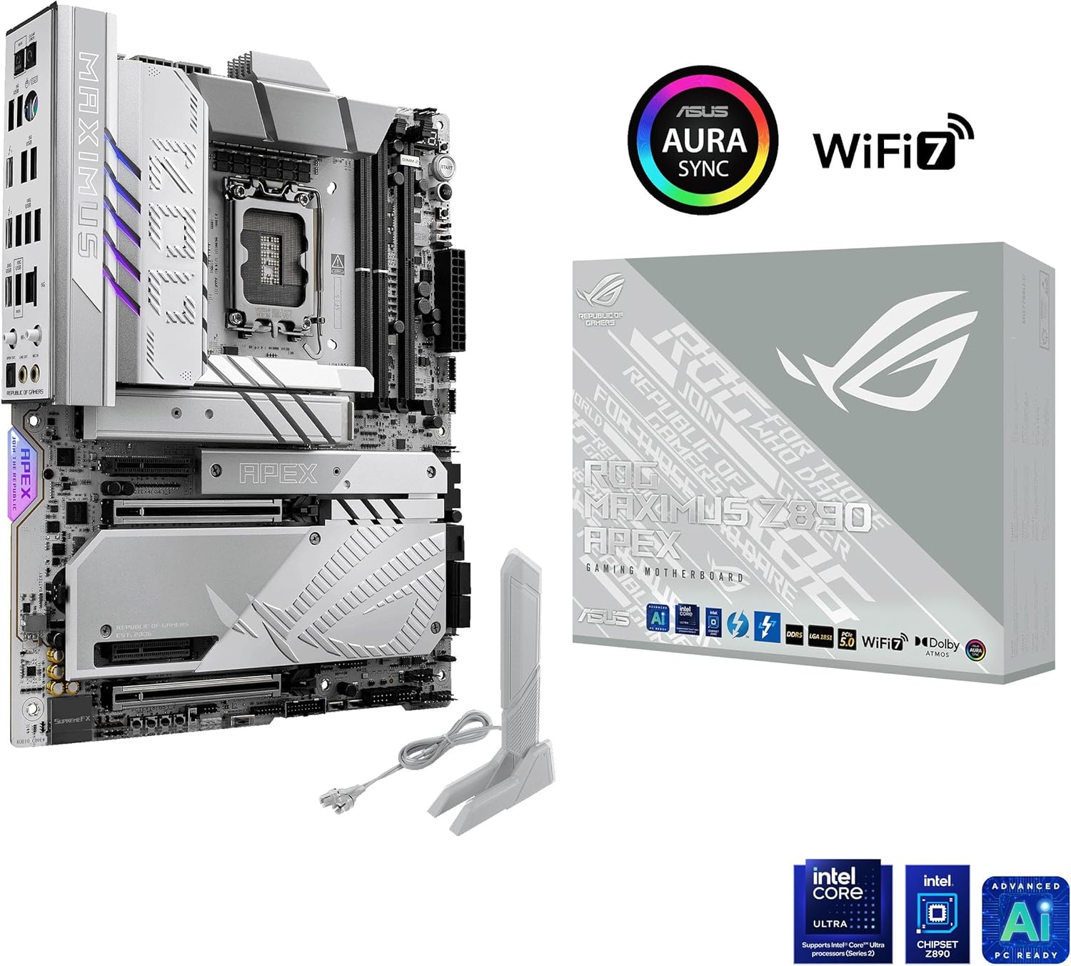 Asus ROG MAXIMUS Z890 APEX Intel Z890 LGA1851 DDR5 9000 6x M.2 WiFi 7 BT Thunderbolt 4 USB4 60W USB AURA RGB 5Gbit LAN Asus AI Advisor 22122 Power Phases ATX Scheda Madre - Scheda madre - Immagine 1