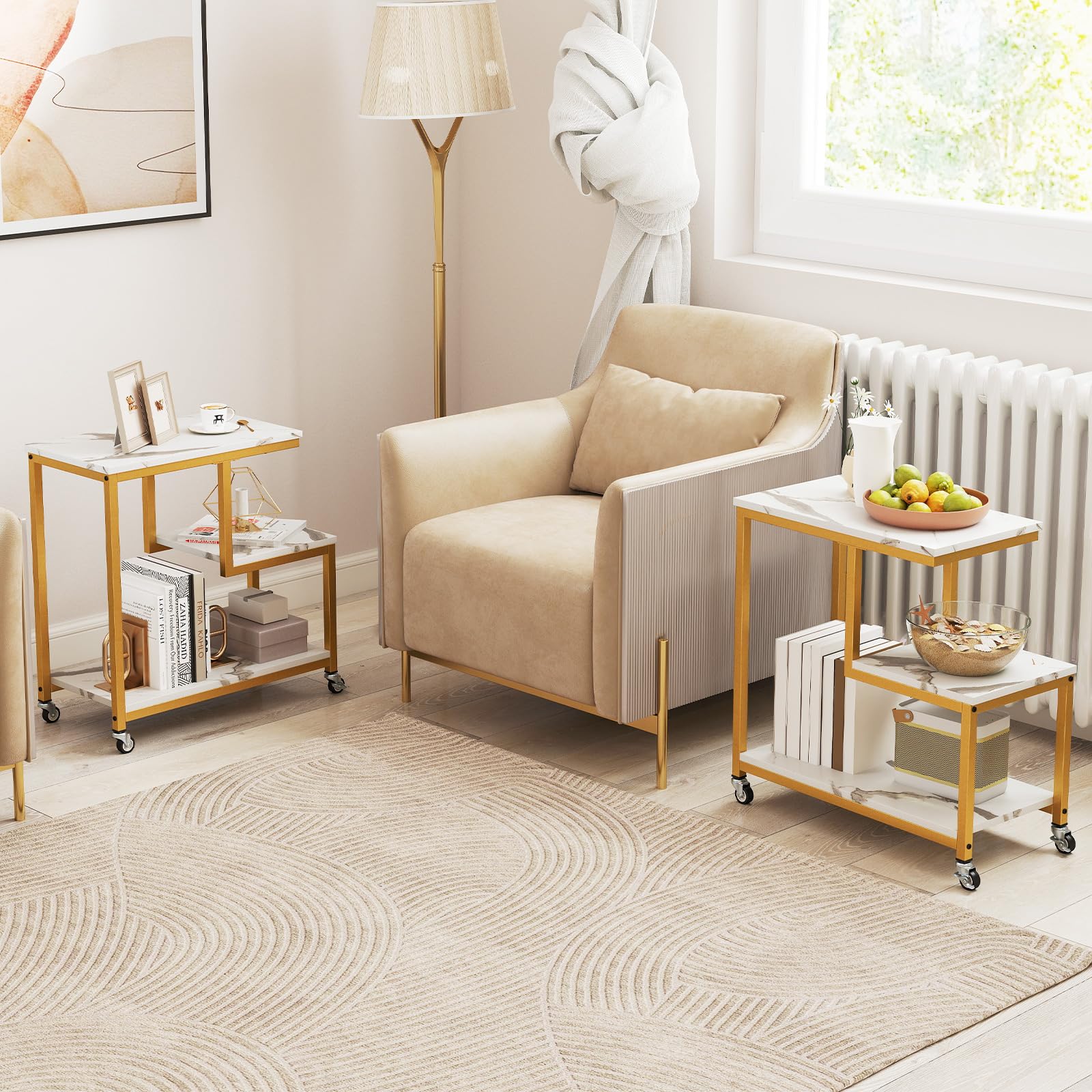LIFEZEAL Mesa Auxiliar con 4 Ruedas, con Efecto mármol, Mesita de café móvil, Mesa Lateral Decorativa con 3 estantes, 59 x 30 x 61 cm (Blanco)