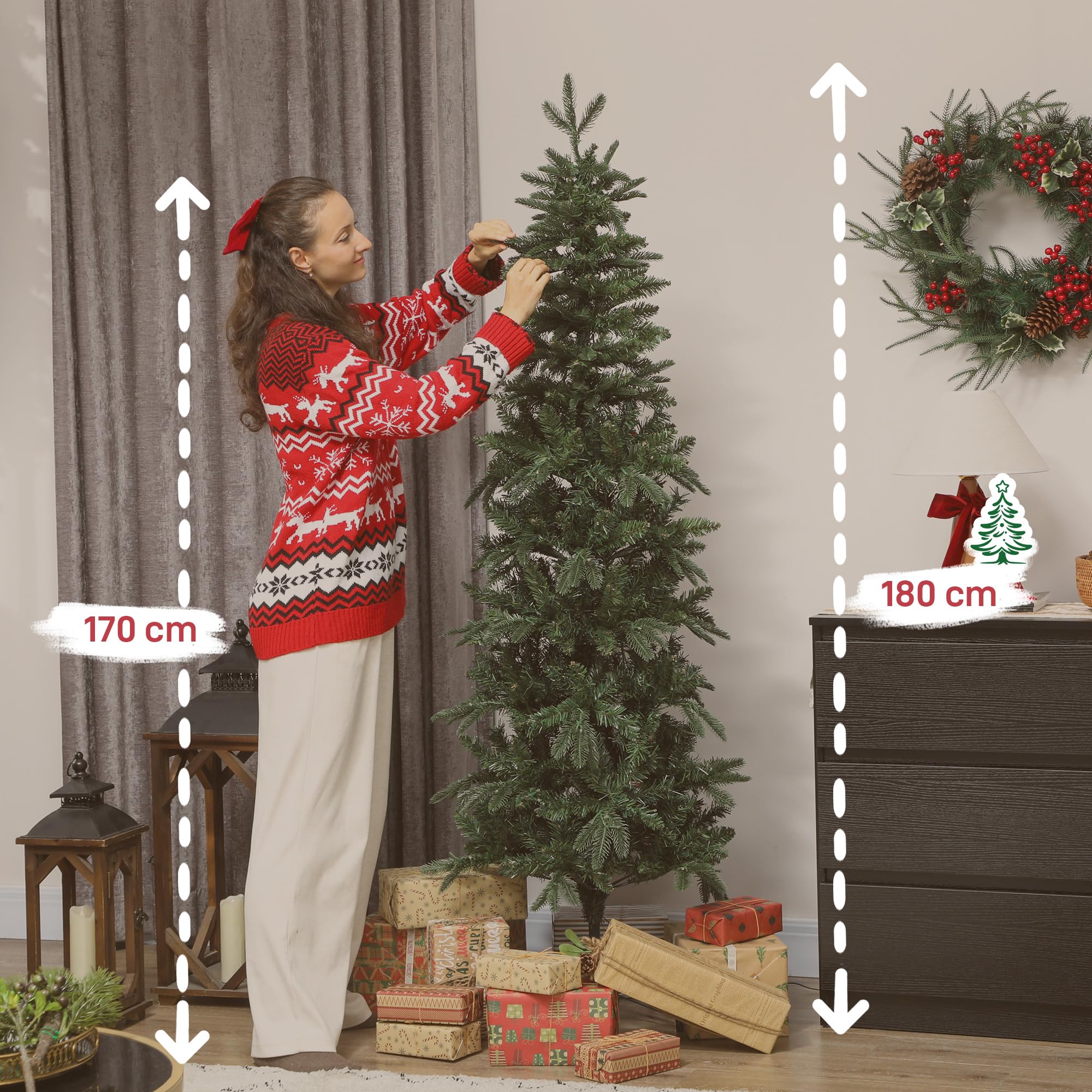 HOMCOM Sapin de Noël Artificiel 180 cm Arbre de Noël Slim 200 Lumières Vert | Blanches Chaudes, 8 Modes d'Éclairage, 605 Pointes de Branche Articulée, Support en Métal, Plastique Ignifuge