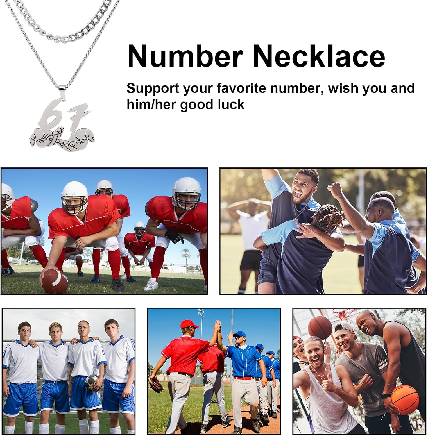 2pcs Personalized 67 Necklace for Men, Stainless Steel Stackable Jewelry Charm Silver Jersey Number Necklace Sports Number Chain Pendant for Baseball Basketball Football Players - Image 7