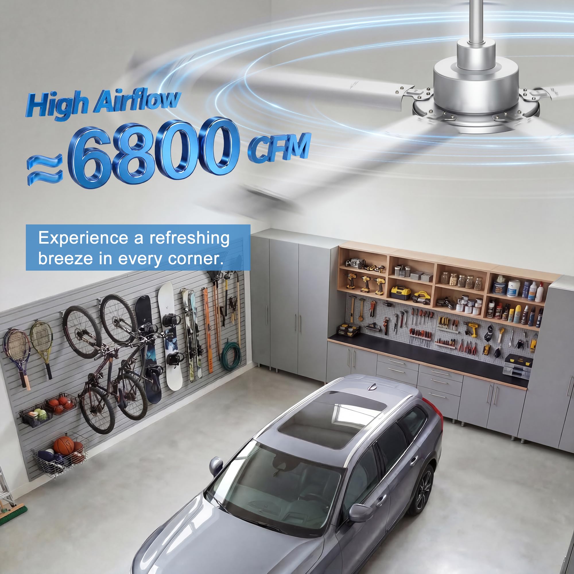 Ohniyou 152 cm Deckenventilator Ohne Licht – Großer Industrieller Deckenventilatoren Mit Fernbedienung & App-Steuerung, 5 Aluminiumflügel, Leiser DC-Motor Für Terrasse, Wohnzimmer, Garage, Silber