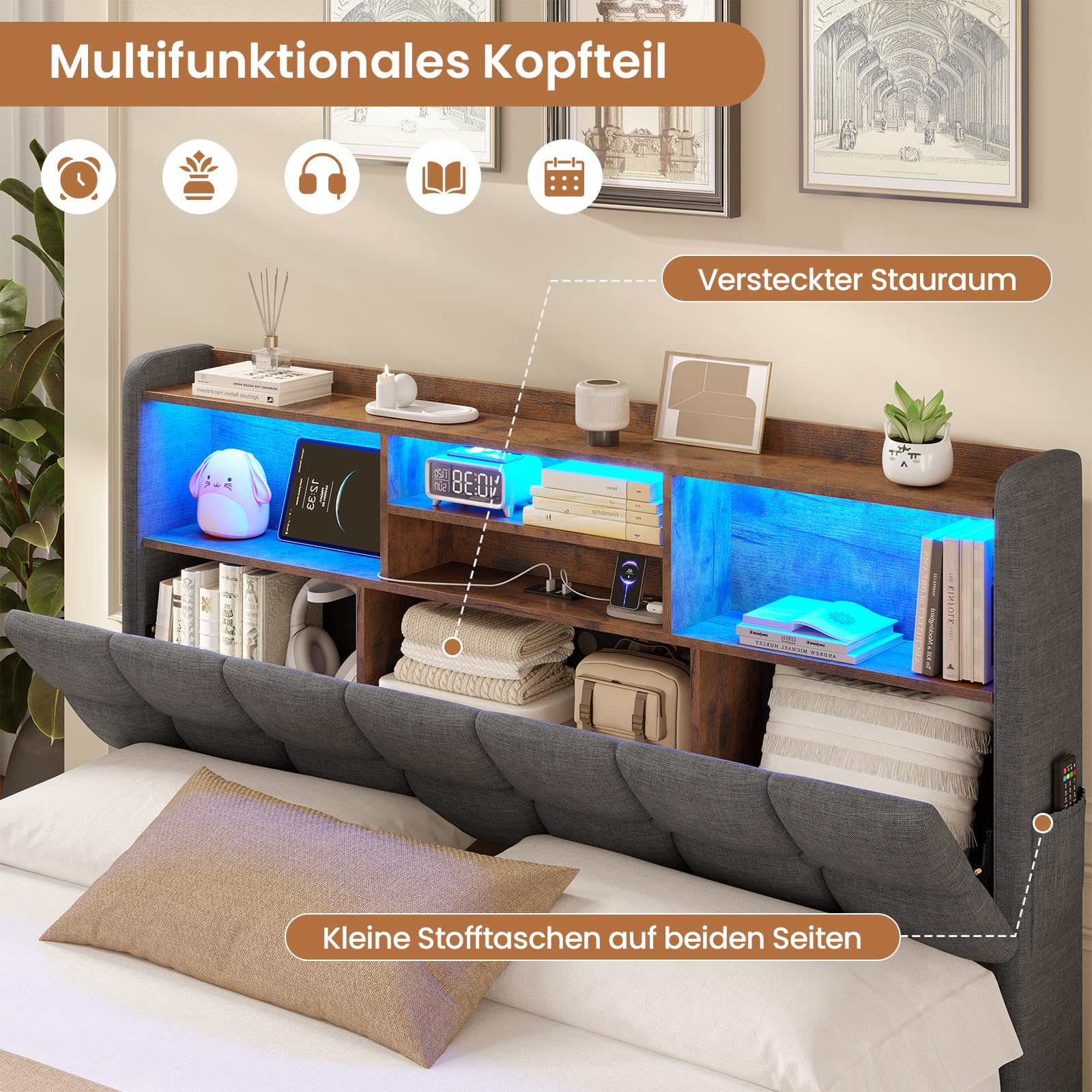 AOGLLATI Polsterbett 140×200 Hydraulisches Stauraumbett mit LED-Bleuchtung,Jugendbett mit USB- und Type-C-Anschlüsse Doppelbett Bettgestell mit Holzlatten, Leinenstoff,ohne Matratze(Grau, 140x200cm)