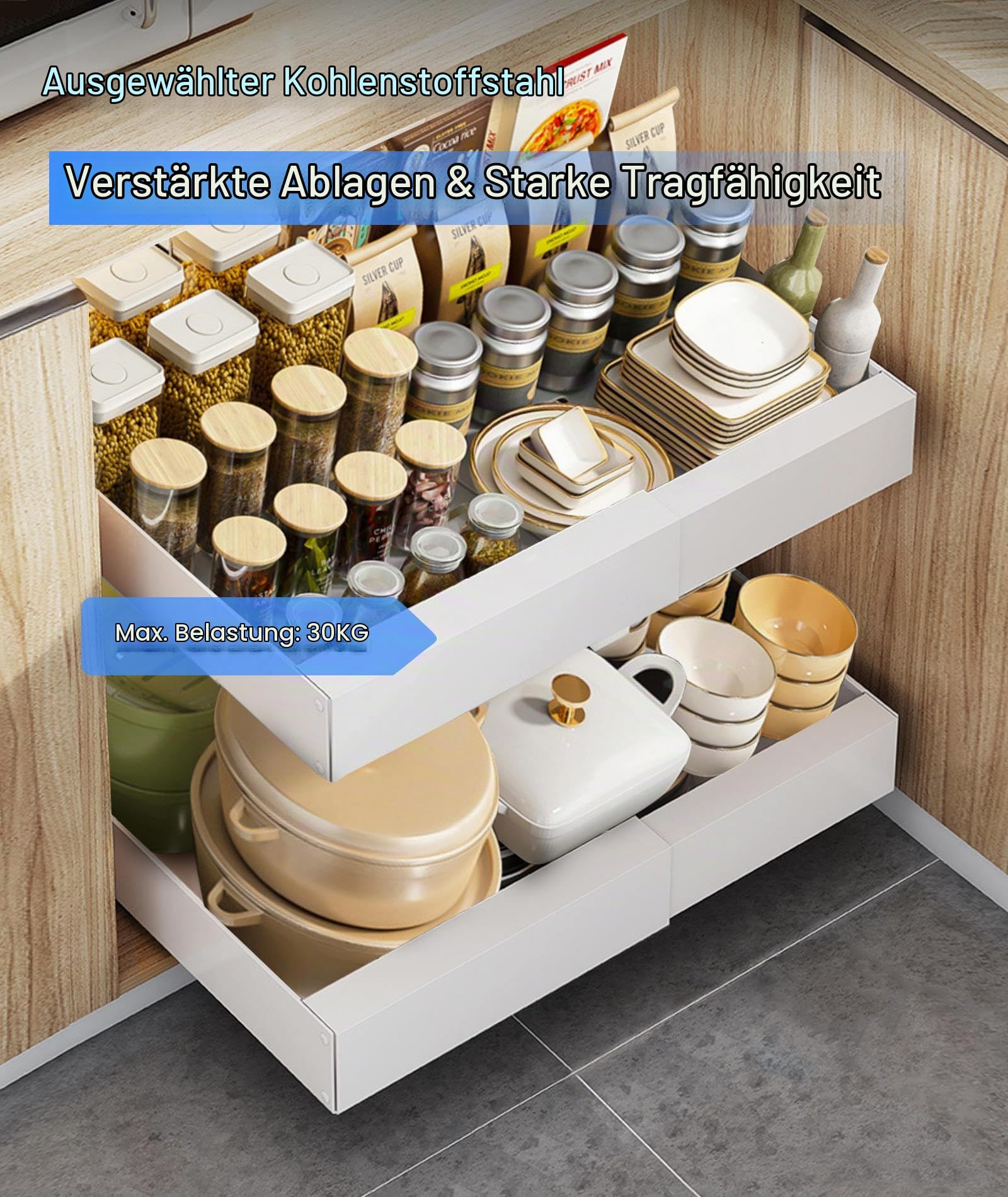 2PCS Ausziehbarer Schrank Organizer, Teleskopschublade Zum Nachrüsten Kein Bohren Und Nageln Erforderlich Pull Out Drawer Einstellbare Breite Für Die Küche Bad Wohnzimmer 32-52x42x7cm (2, Weiß)