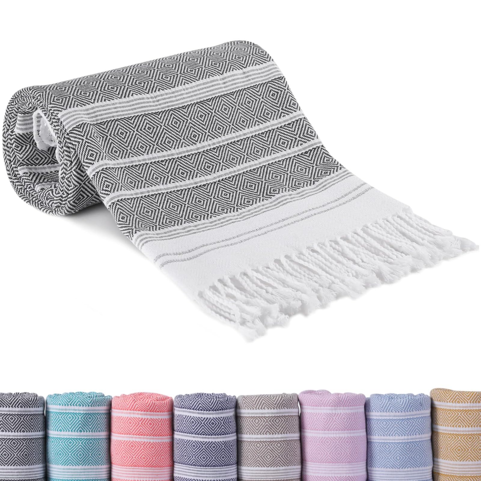PsaltryCom Turkish Beach Towel Soft Lightweight Quick Dry Sand Free Bath Towel with Tassels for Beach Pool Travel Spa Yoga Camping (H,180x100cm)