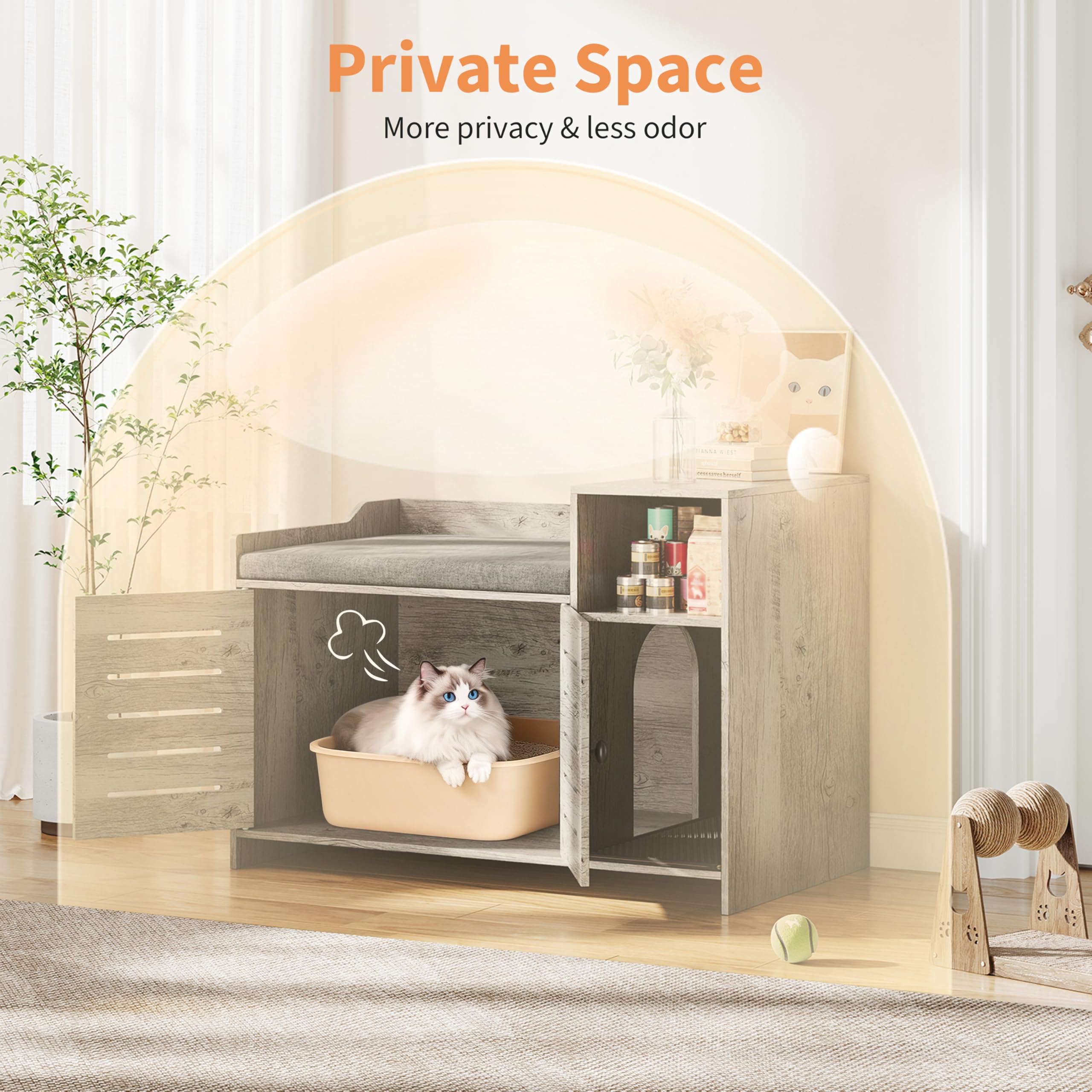 Cat Litter Box Enclosure, Hidden Litter Box Cabinet Furniture with Scratch Pad, Farmhouse Indoor Cats House with Storage Layer for Hallway, Bedroom - image 6