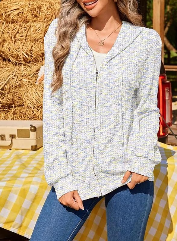SHEWIN Fall Oversized Hoodie Waffle Zip Up Sweatshirt White, Size S image 3