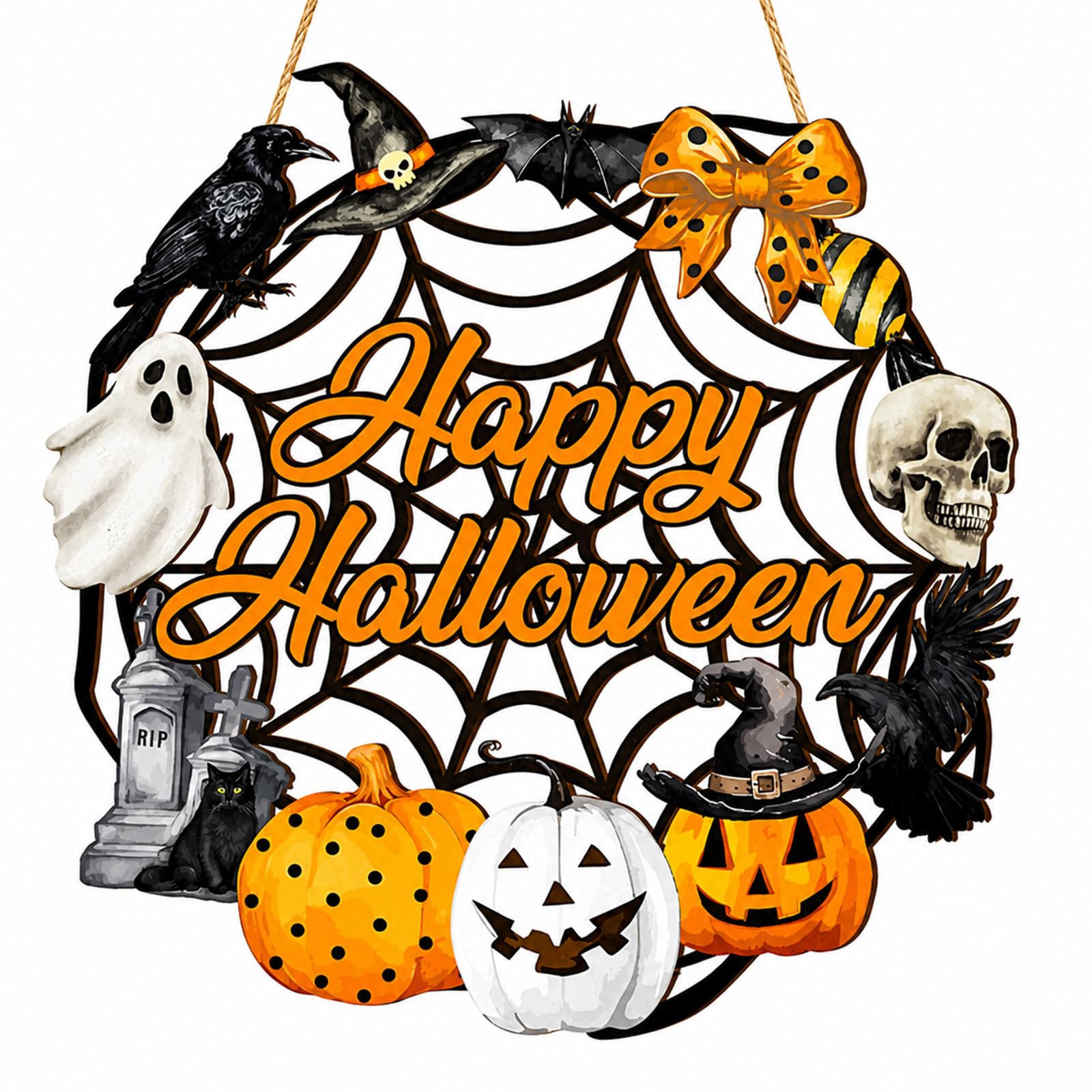 Happy Halloween Decorations Wood Hanging Sign Spooky Pumpkin Ghost Crow