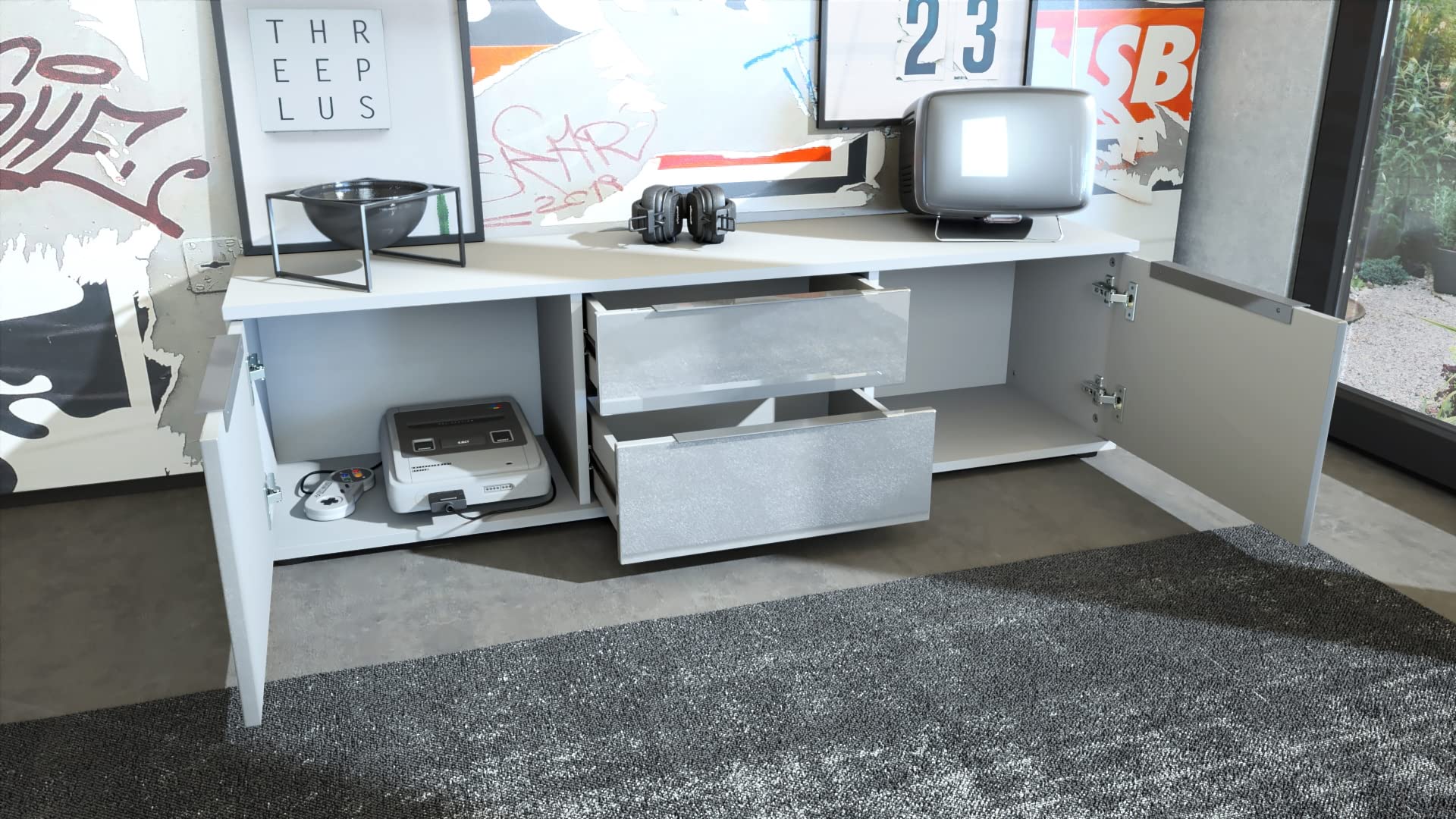 Vladon TV Lowboard Linio V1, Fernsehtisch mit 2 Türen und 2 Schubladen – Weiß/Grau Hochglanz (138,5 x 37,5 x 35 cm)