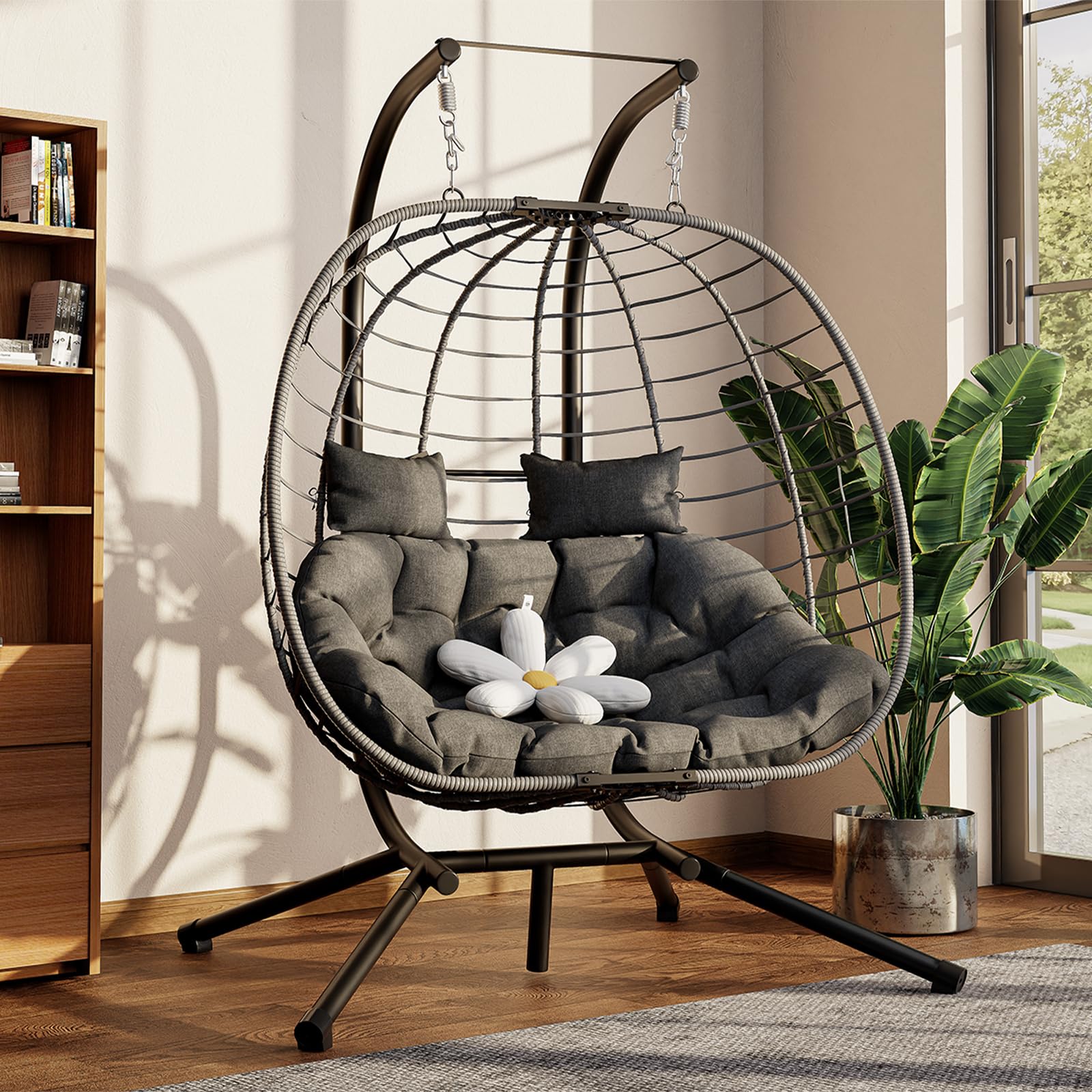 Amopatio Double Egg Chair with Metal Stand & Cushion, 2 Seaters Rattan Wicker Swing Chair Indoor Outdoor, Foldable Hanging Chair for Garden,Patio, Balcony, Porch (Grey)